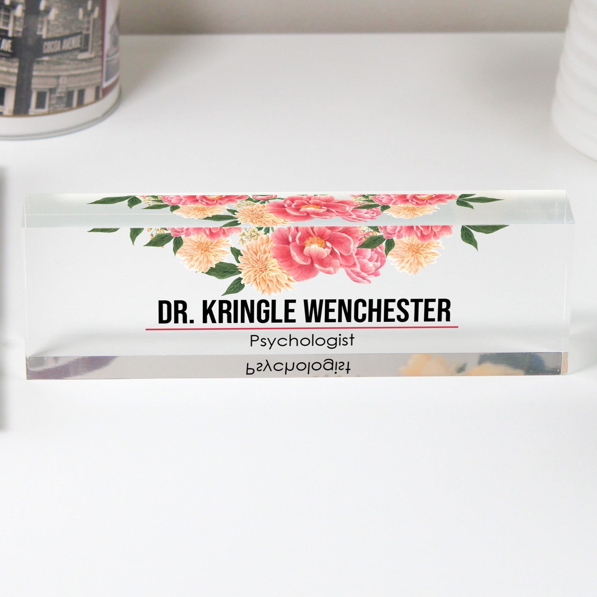 Personalized Acrylic Desk Block with Floral Design – Custom Name Plaque for Psychologists, Teachers, and Professionals - Image 1