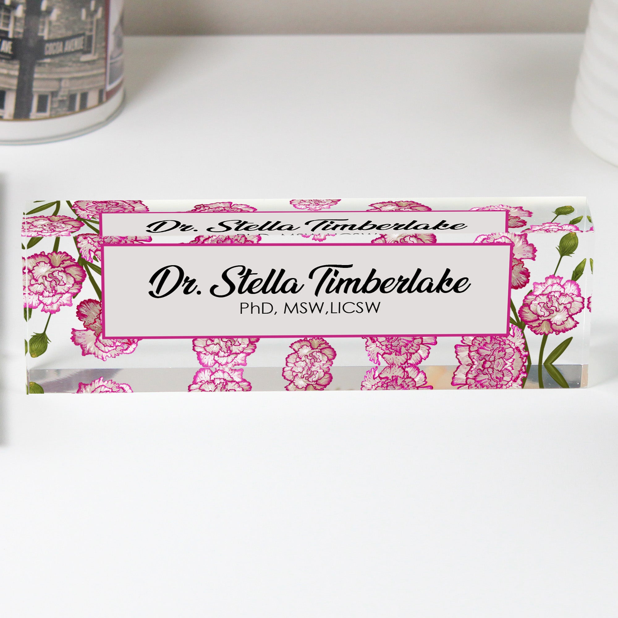 Personalized Floral Acrylic Desk Block – Custom Name Plate with Pink Carnation Design for Office Professionals - Image 1