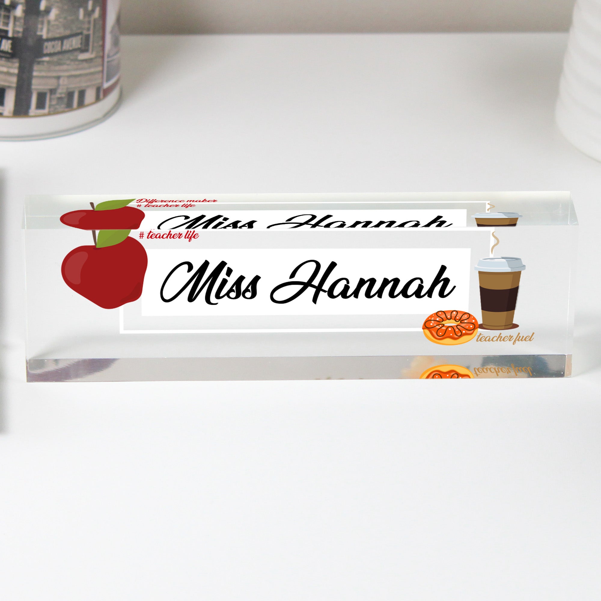 Personalized Acrylic Desk Block for Teachers - Custom Nameplate with Apple and Coffee Designs, Perfect Gift for Educators - Image 1