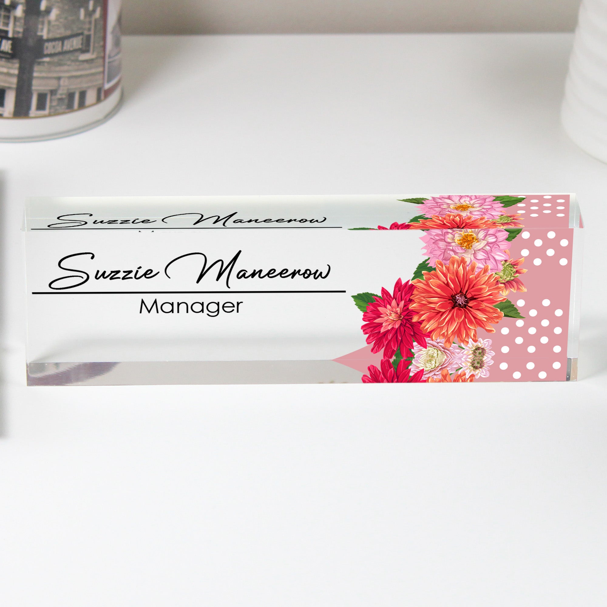 Personalized Floral Acrylic Desk Name Plate - Custom Manager Title with Elegant Flower Design, Perfect for Office Décor and Gifts - Image 1
