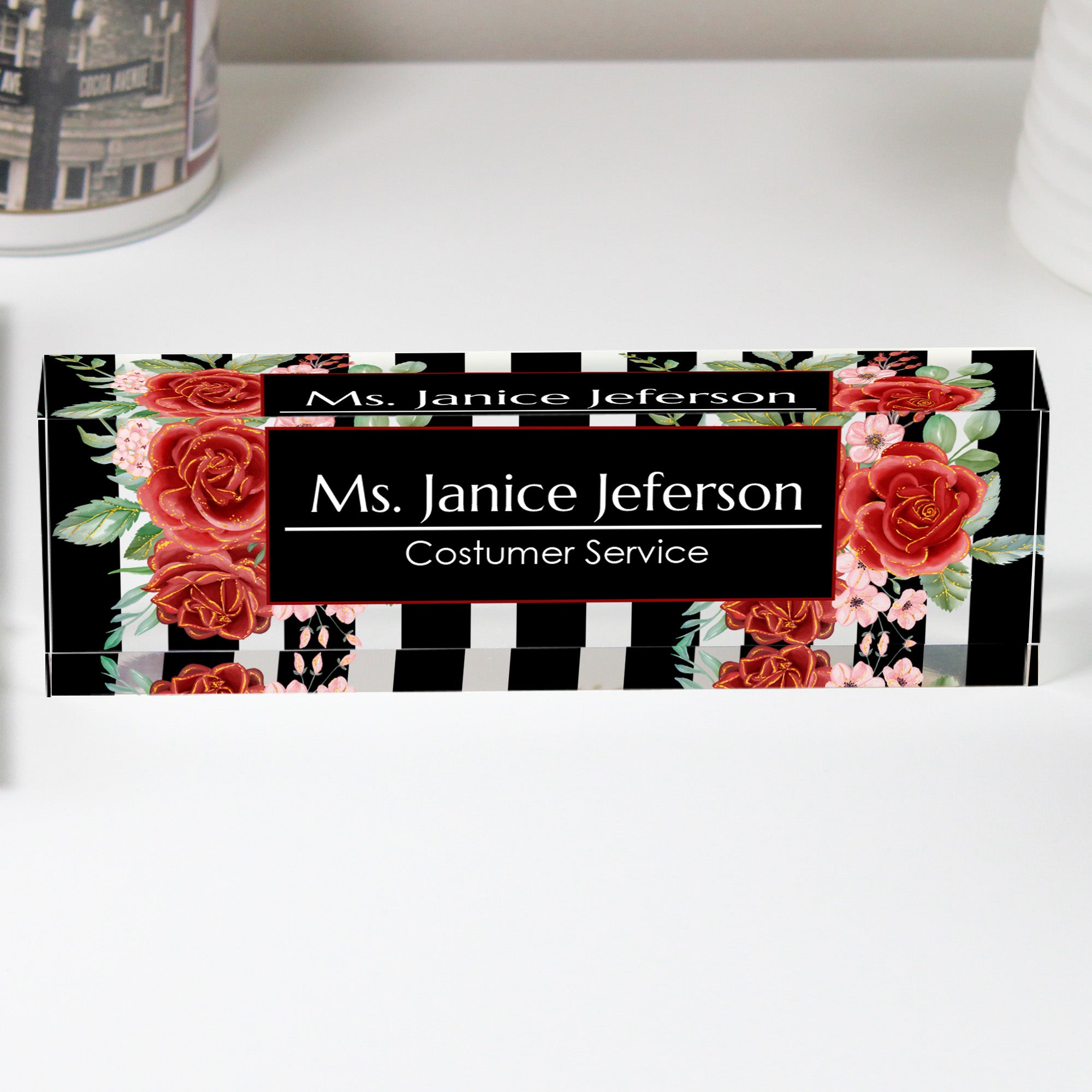 Elegant Personalized Acrylic Desk Block with Floral Design for Custom Service Professionals - Perfect Gift for Office Décor - Image 1
