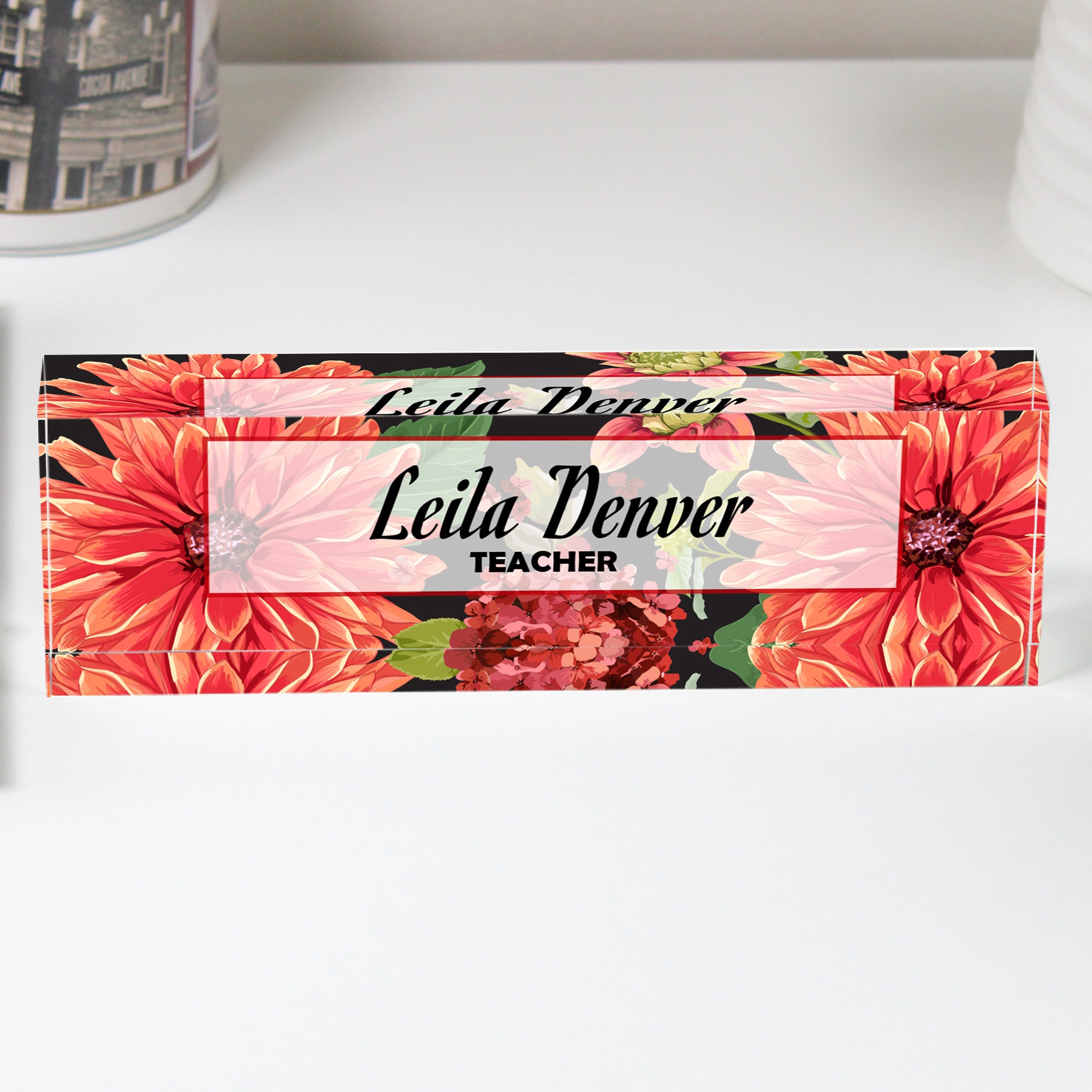 Personalized Floral Acrylic Desk Name Block - Custom Teacher Gift with Elegant Flower Design - Image 1