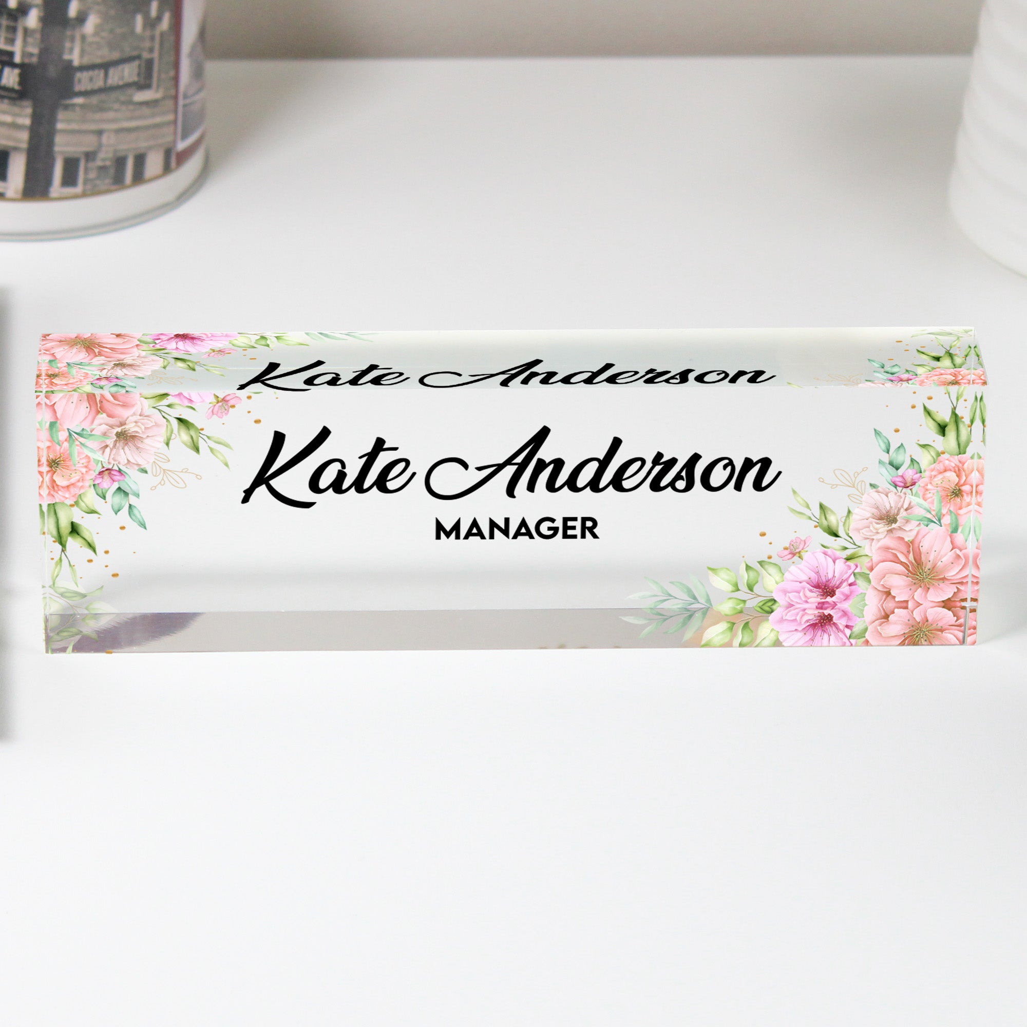 Personalized Floral Acrylic Desk Name Plate for Managers – Custom Office Decor with Elegant Floral Design - Image 1