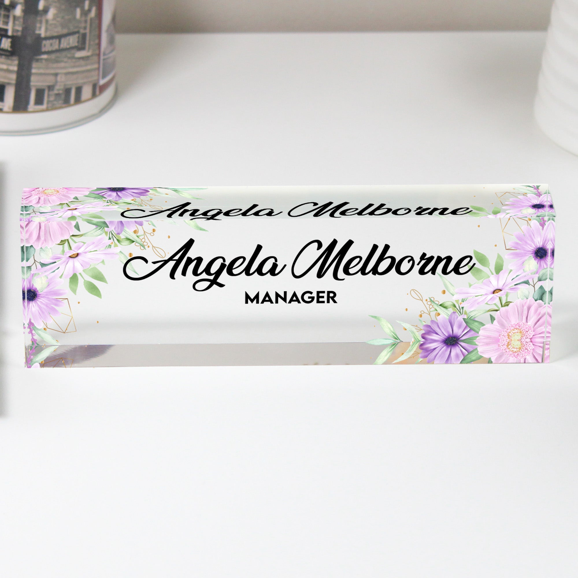 Personalized Acrylic Desk Nameplate with Floral Design - Custom Office Decor for Managers and Leaders - Image 1