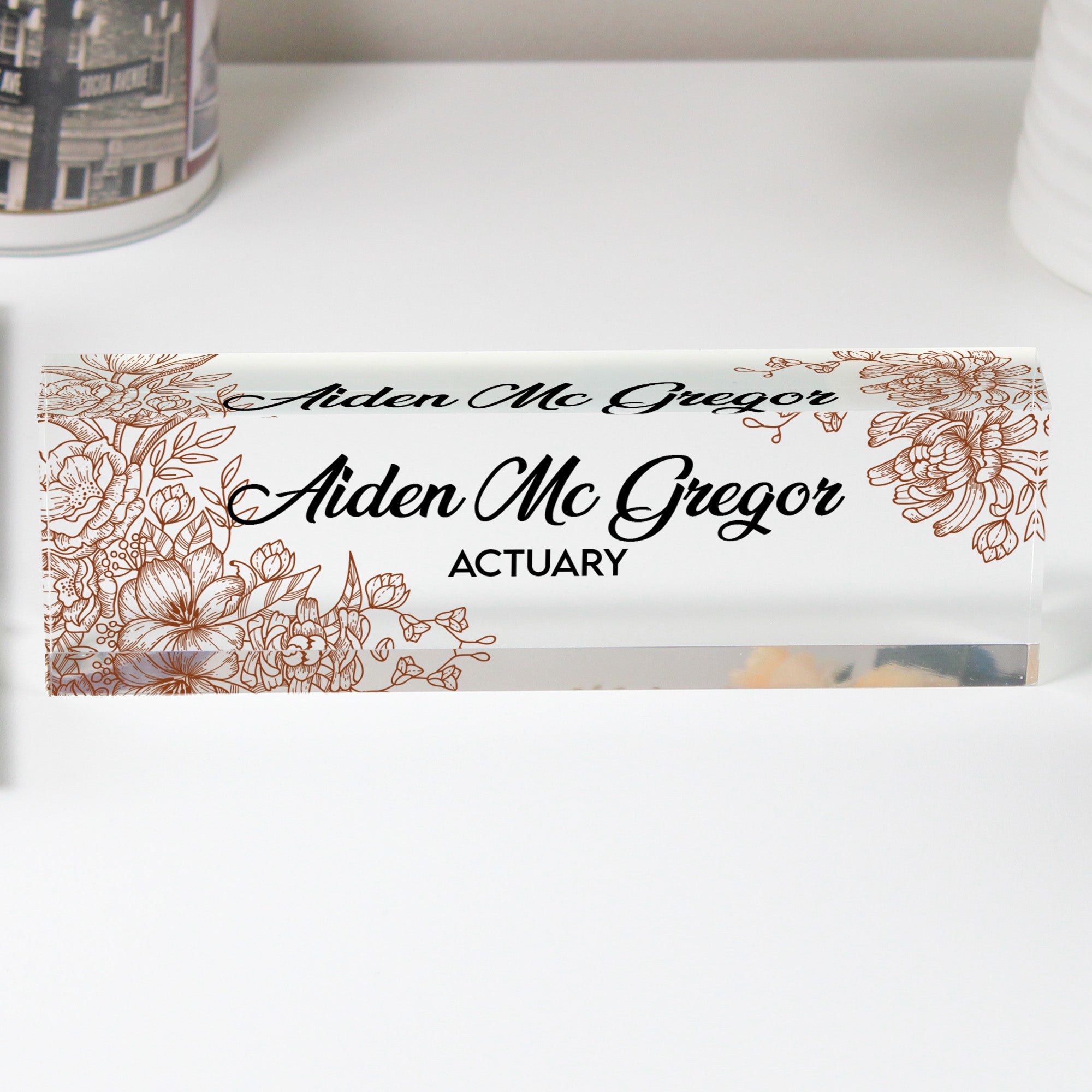 Elegant Personalized Acrylic Desk Block with Floral Engraving - Perfect Custom Gift for Professionals - Image 1