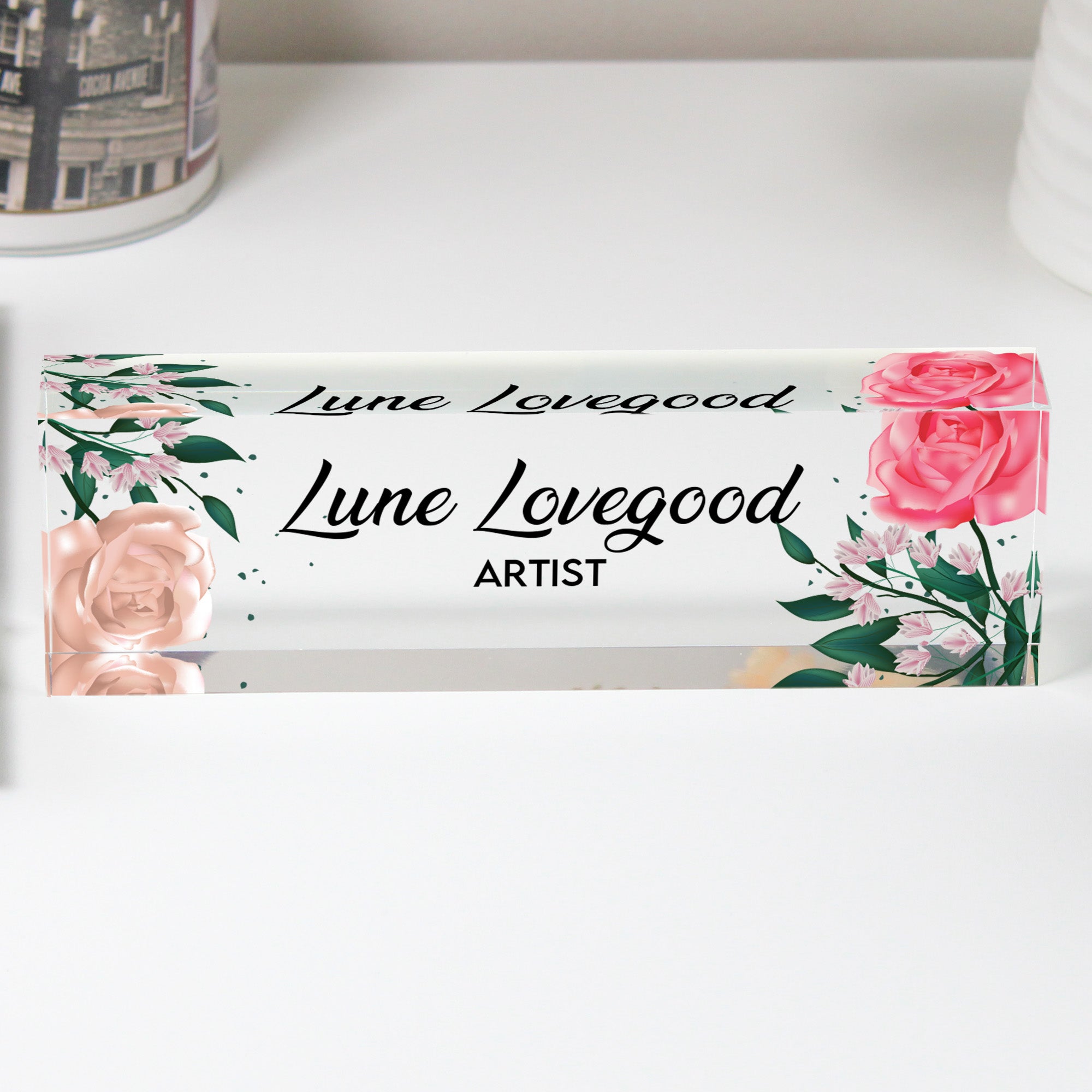 Personalized Floral Acrylic Desk Block - Custom Name and Title Art Decor for Unique Gift Giving - Image 1