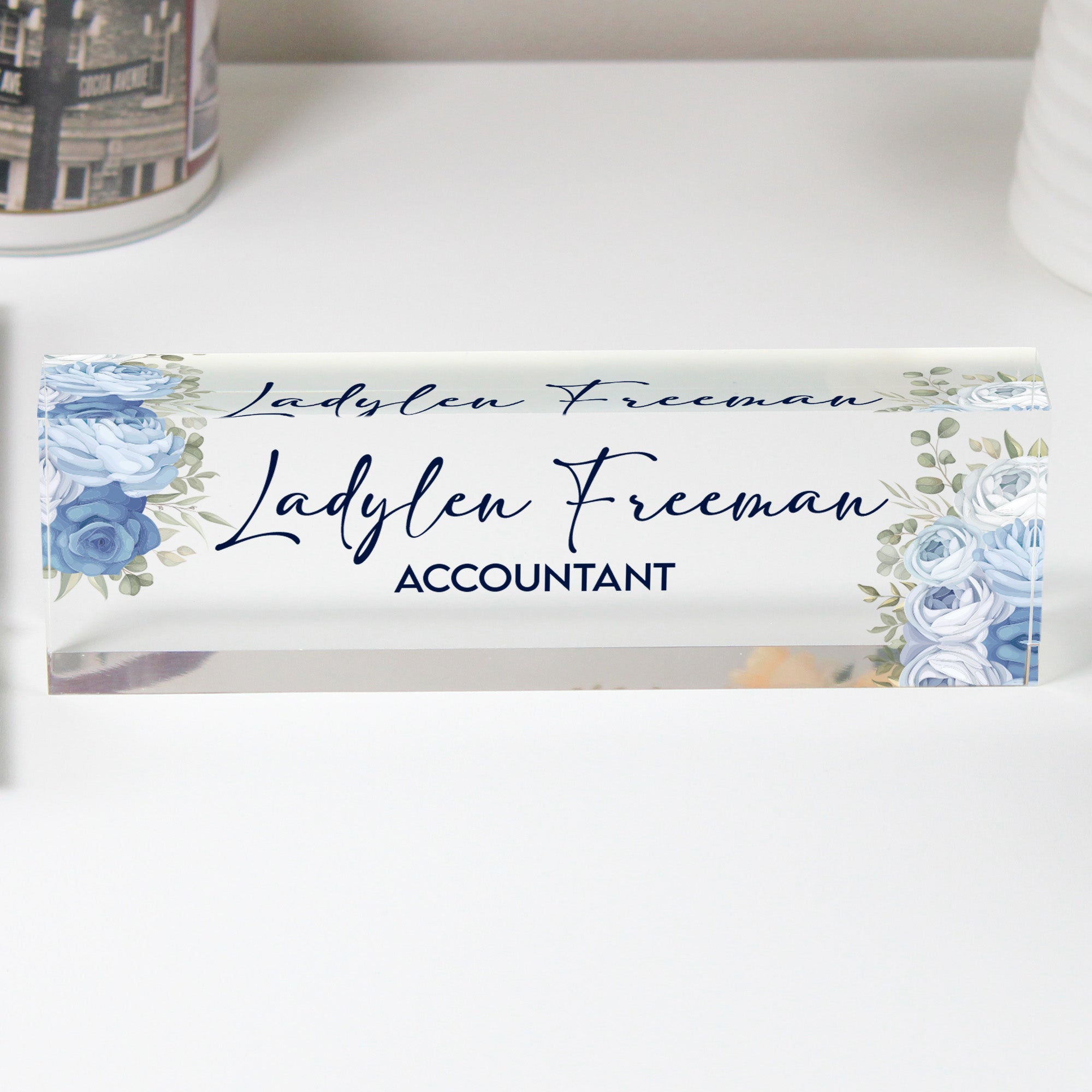 Personalized Acrylic Desk Nameplate with Elegant Blue Floral Design - Ideal Gift for Professionals and Home Offices - Image 1