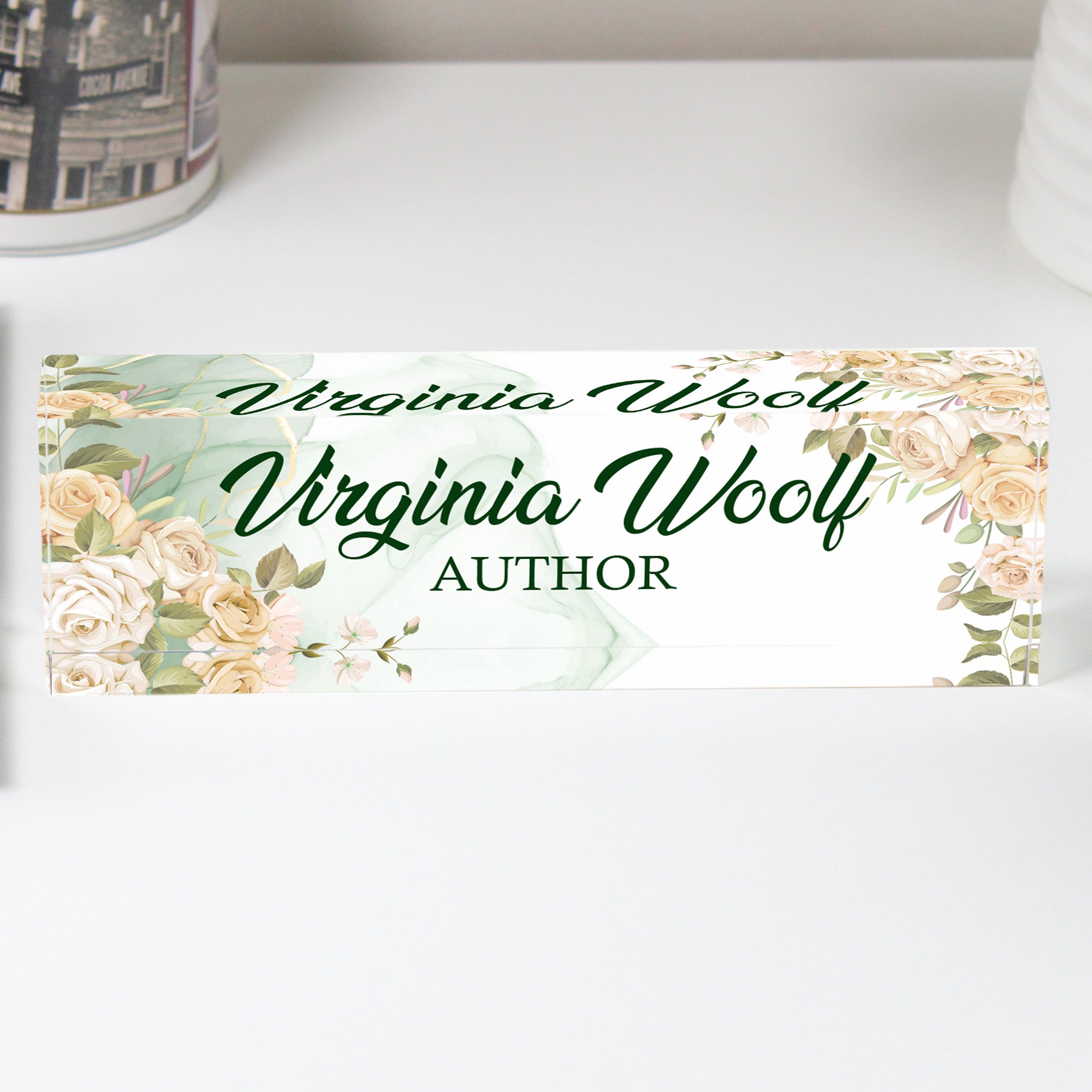 Personalized Floral Acrylic Desk Block - Elegant Name Plate for Authors, Writers, and Creative Professionals - Image 1