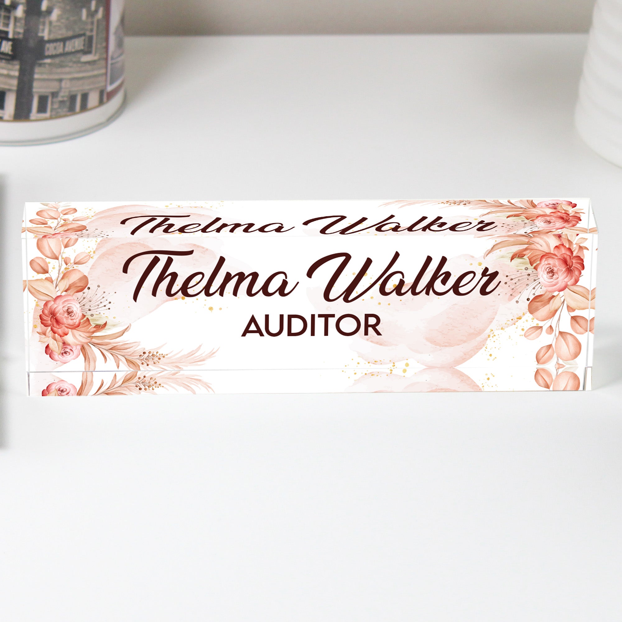 Personalized Floral Acrylic Desk Name Plate – Custom Name Block for Auditors – Elegant Office Gift with Rustic Floral Design - Image 1