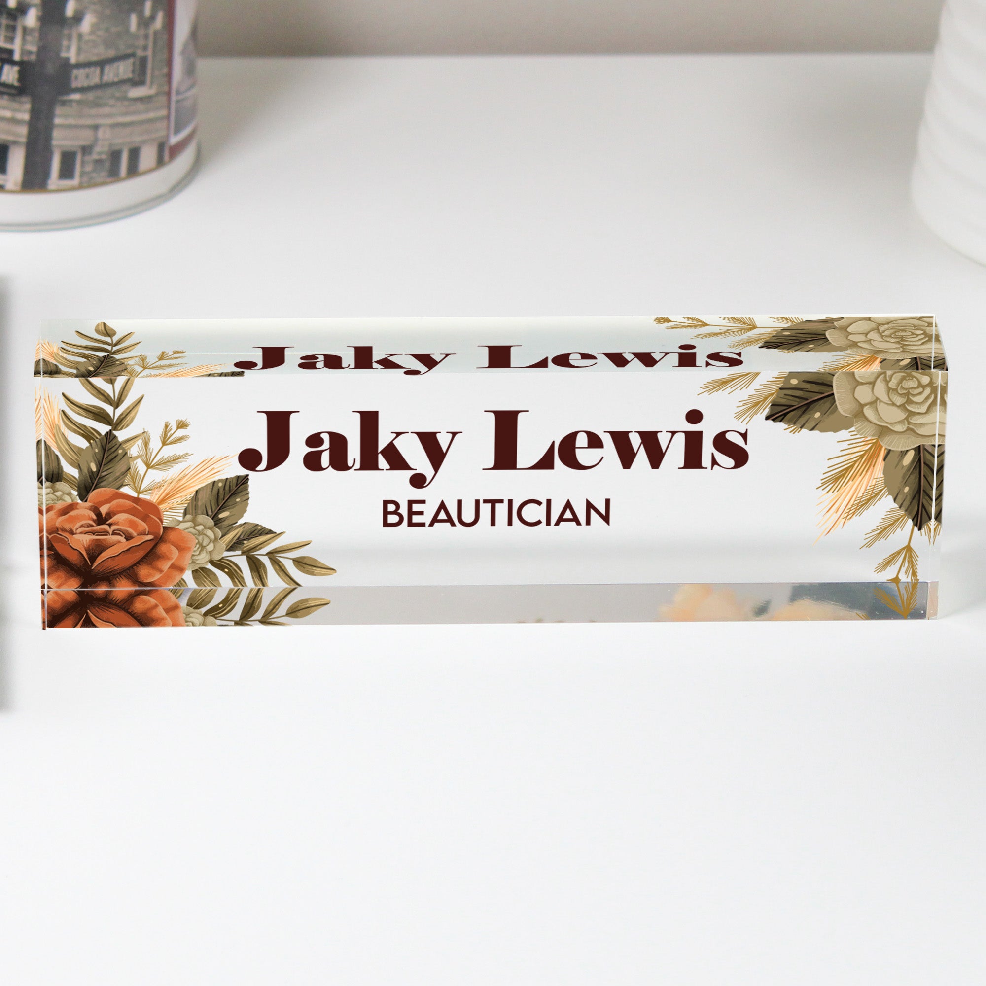Personalized Acrylic Desk Name Plate with Floral Design – Custom Handmade Beautician Desk Decor for Professional & Gift Giving - Image 1
