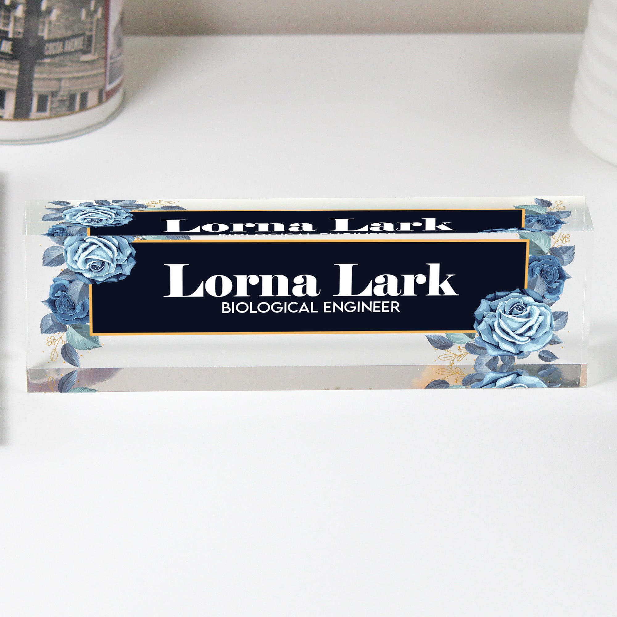 Personalized Acrylic Desk Block with Elegant Blue Rose Design - Custom Nameplate for Professionals and Gift Occasions - Image 1