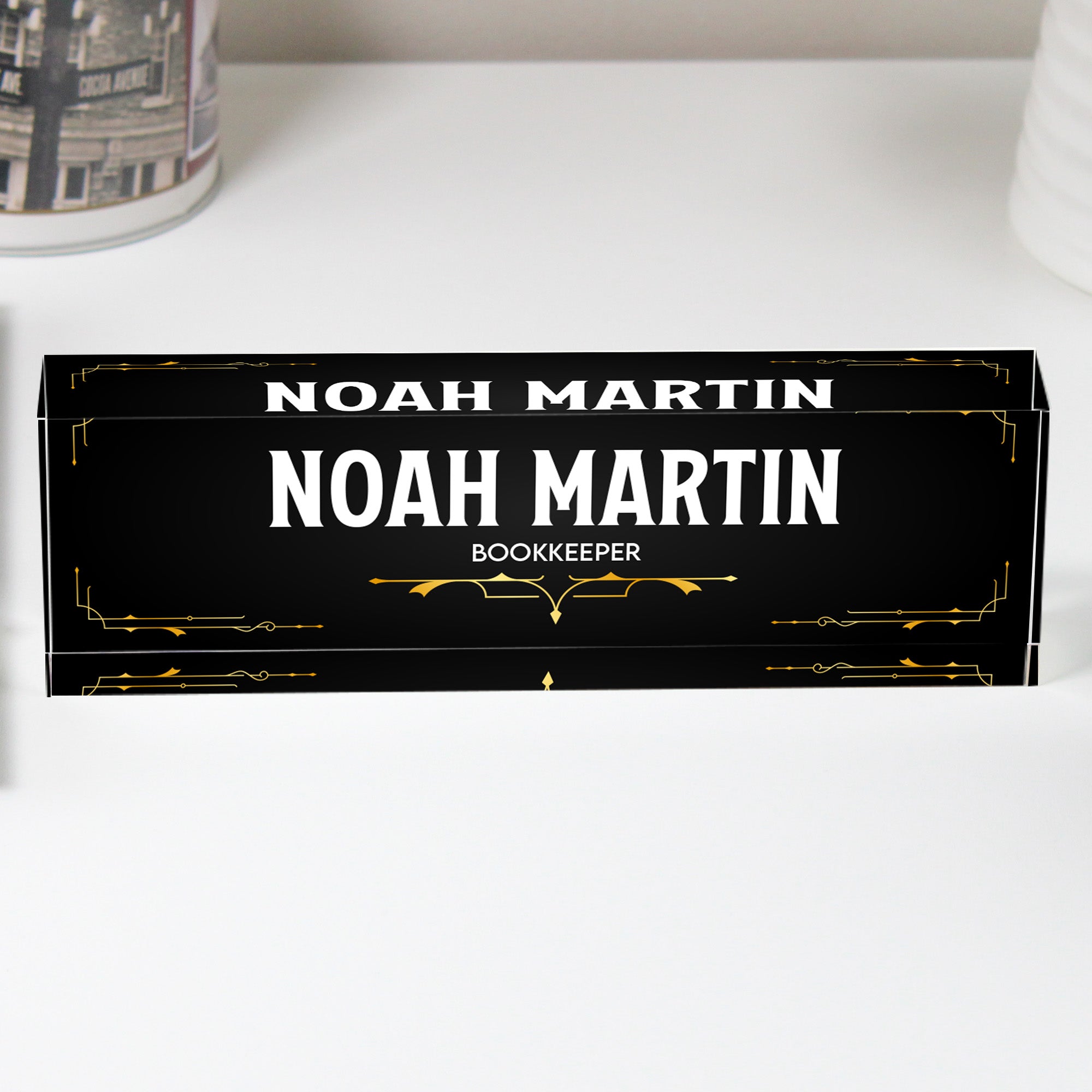 Personalized Acrylic Desk Name Plate - Custom Engraved Bookkeeper Gift with Elegant Art Deco Design - Image 1