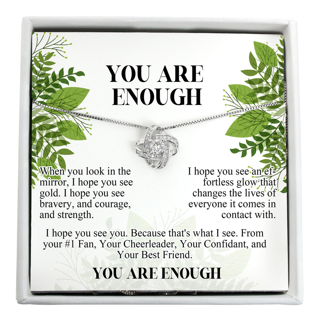 "You Are Enough: Personalized Message Card Necklace with Inspirational Knot Pendant - Perfect Gift for Loved Ones" - Image 1