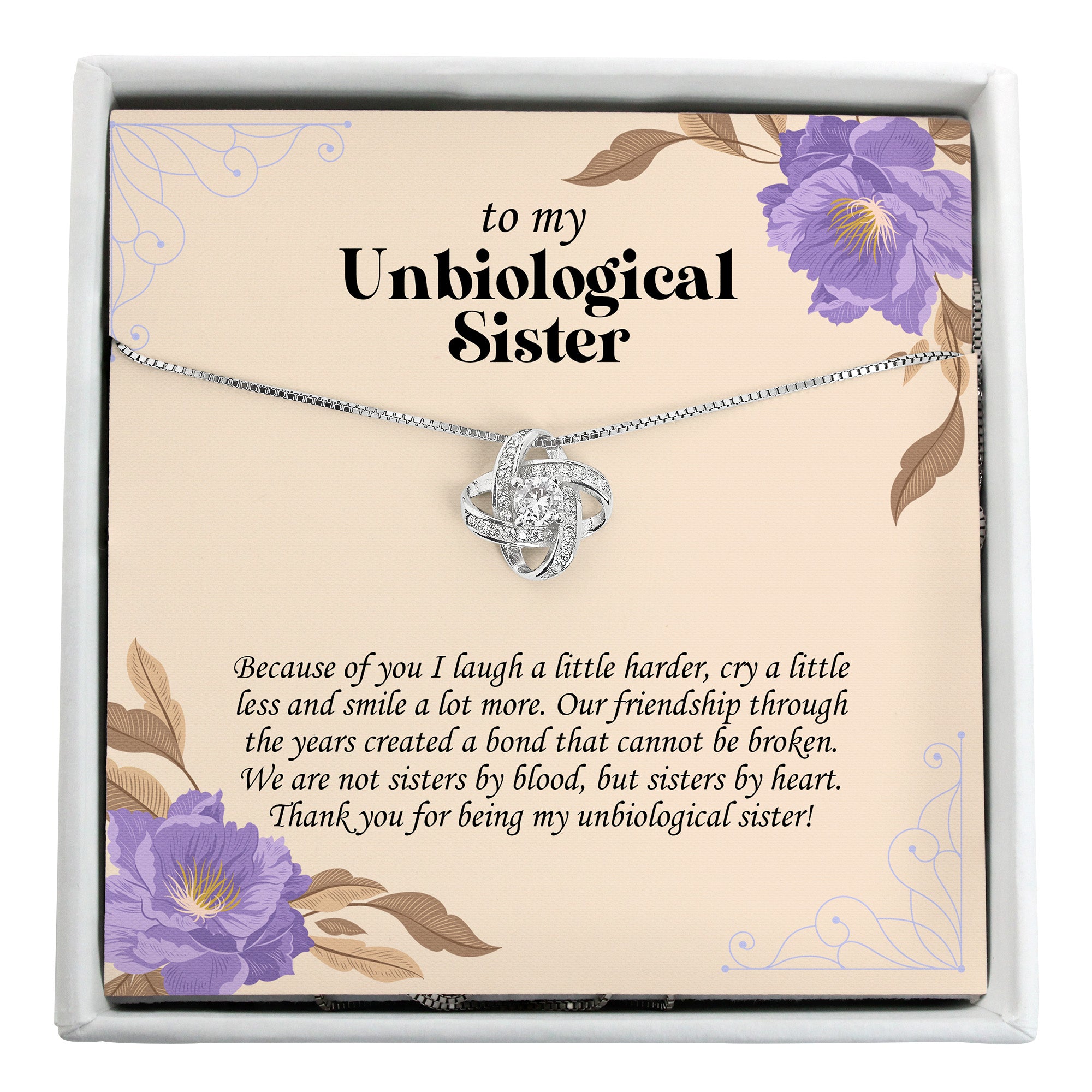 Personalized Unbiological Sister Necklace – Beautiful Floral Design with Custom Message Card and Elegant Knot Pendant - Image 1