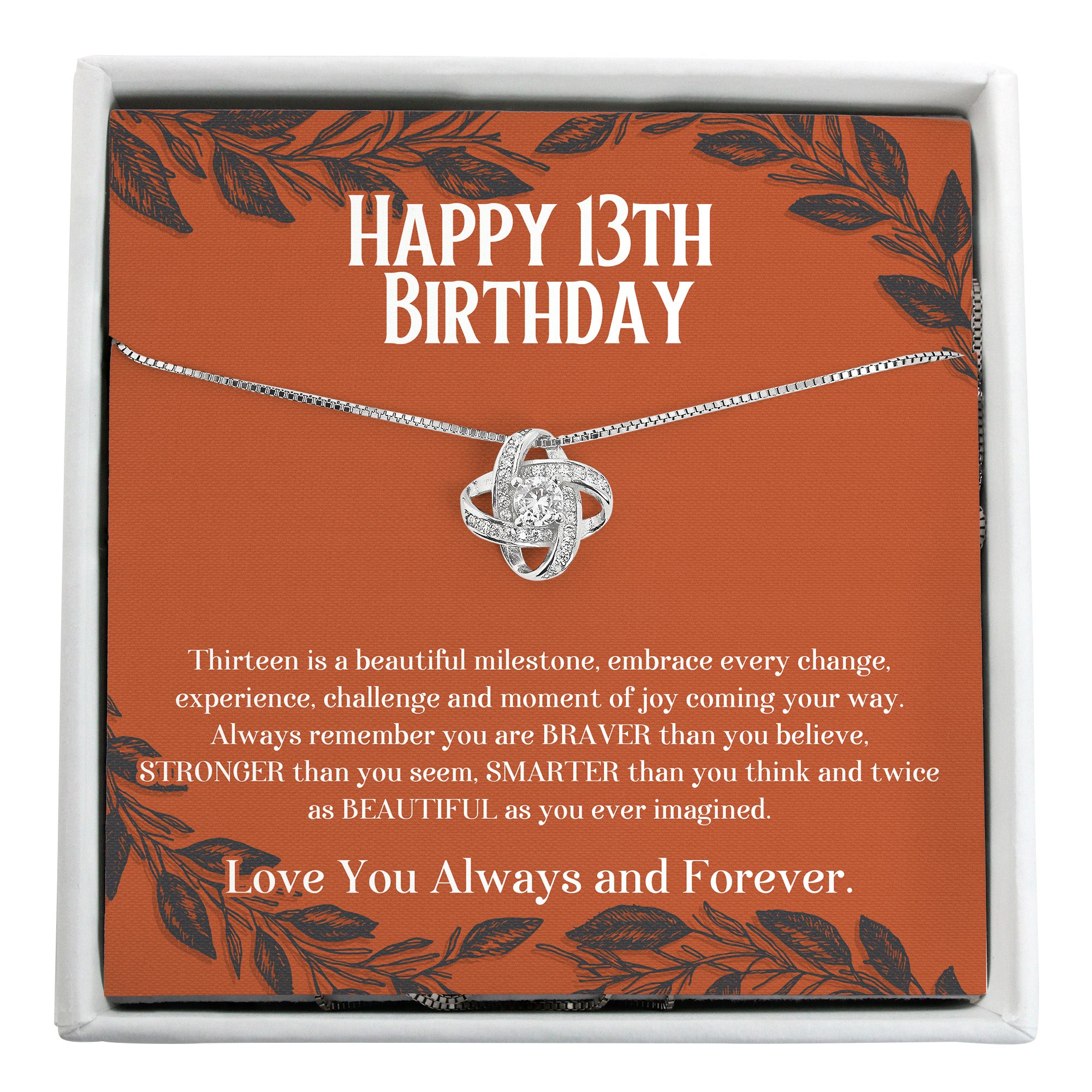 Celebrate Her Milestone: Personalized 13th Birthday Message Card Necklace with Silver Knot Pendant - Image 1