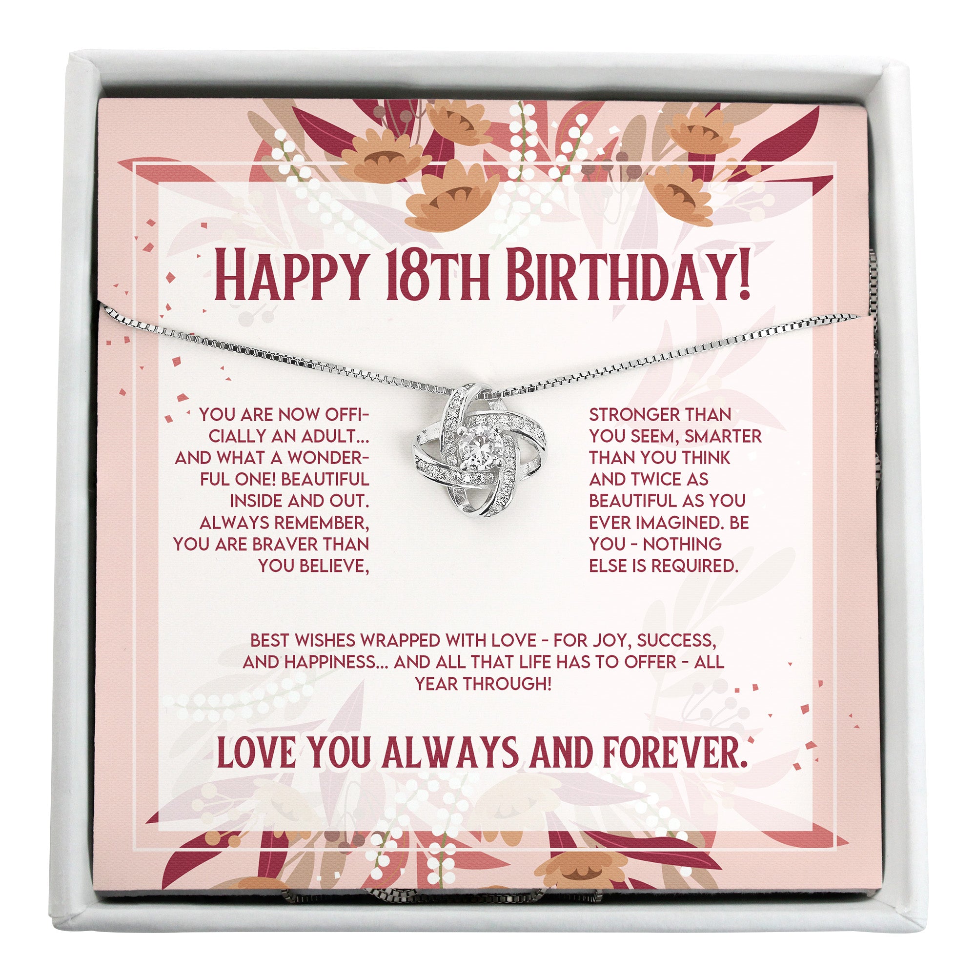 Personalized 18th Birthday Necklace with Inspirational Message Card - Dazzling Knot Design for Loved Ones - Image 1