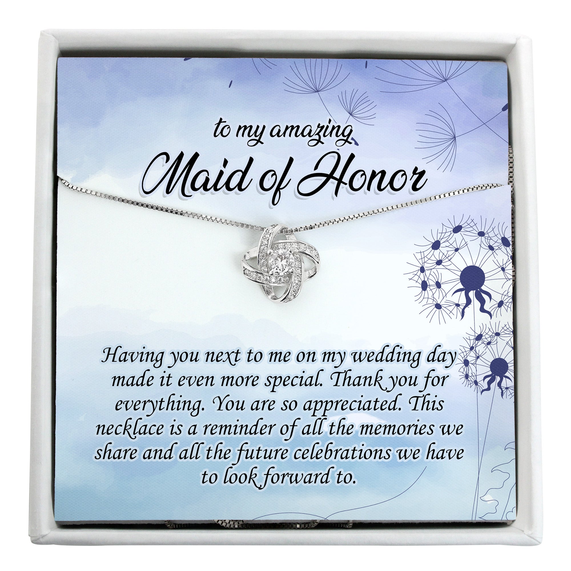 Personalized Maid of Honor Necklace with Heartfelt Message Card - Customizable Silver Knot Pendant for Cherished Memories - Image 1