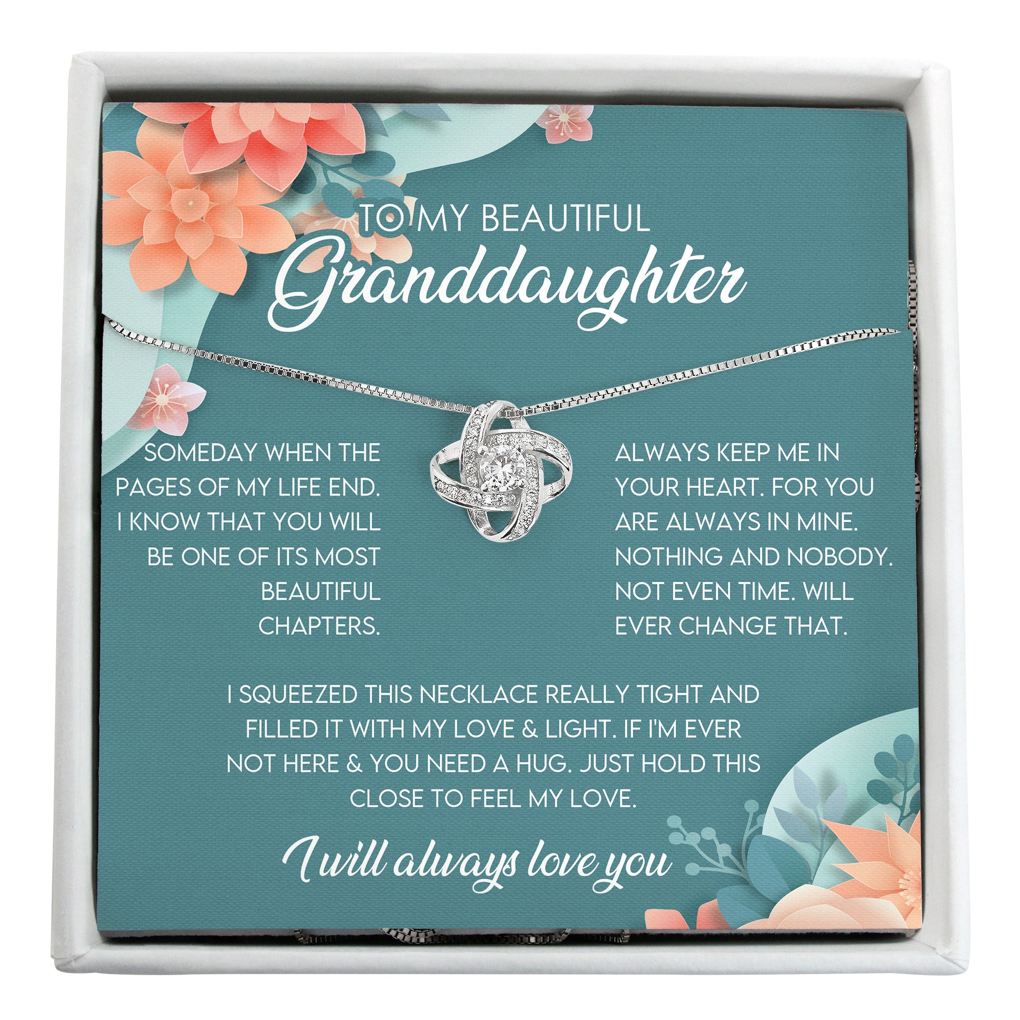 Personalized Floral Message Card Necklace for Granddaughter – Elegant Sterling Silver Interlocking Heart Design - Image 1