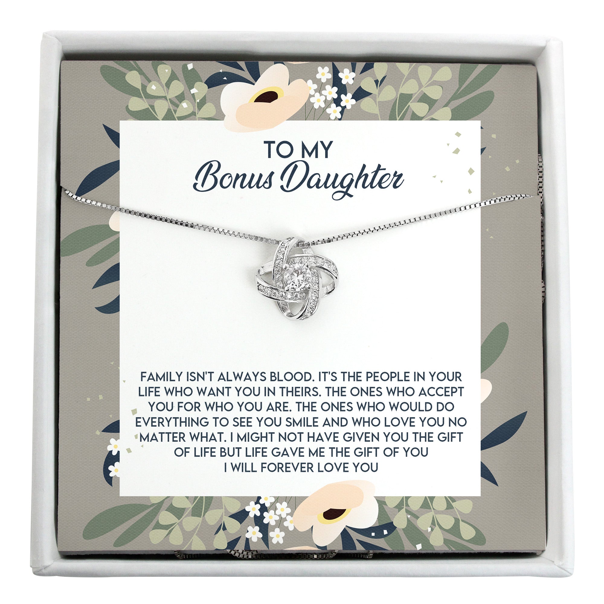 Heartfelt "Bonus Daughter" Necklace with Custom Message Card - Elegant Knot Design, Perfect Gift for Stepfamily Bonding - Image 1