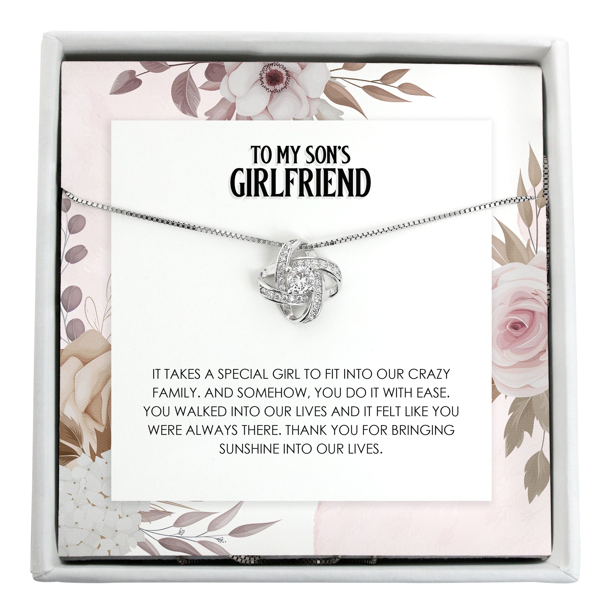 Personalized Necklace with Heartfelt Message Card for Son's Girlfriend - Elegant Silver Knot Design - Image 1