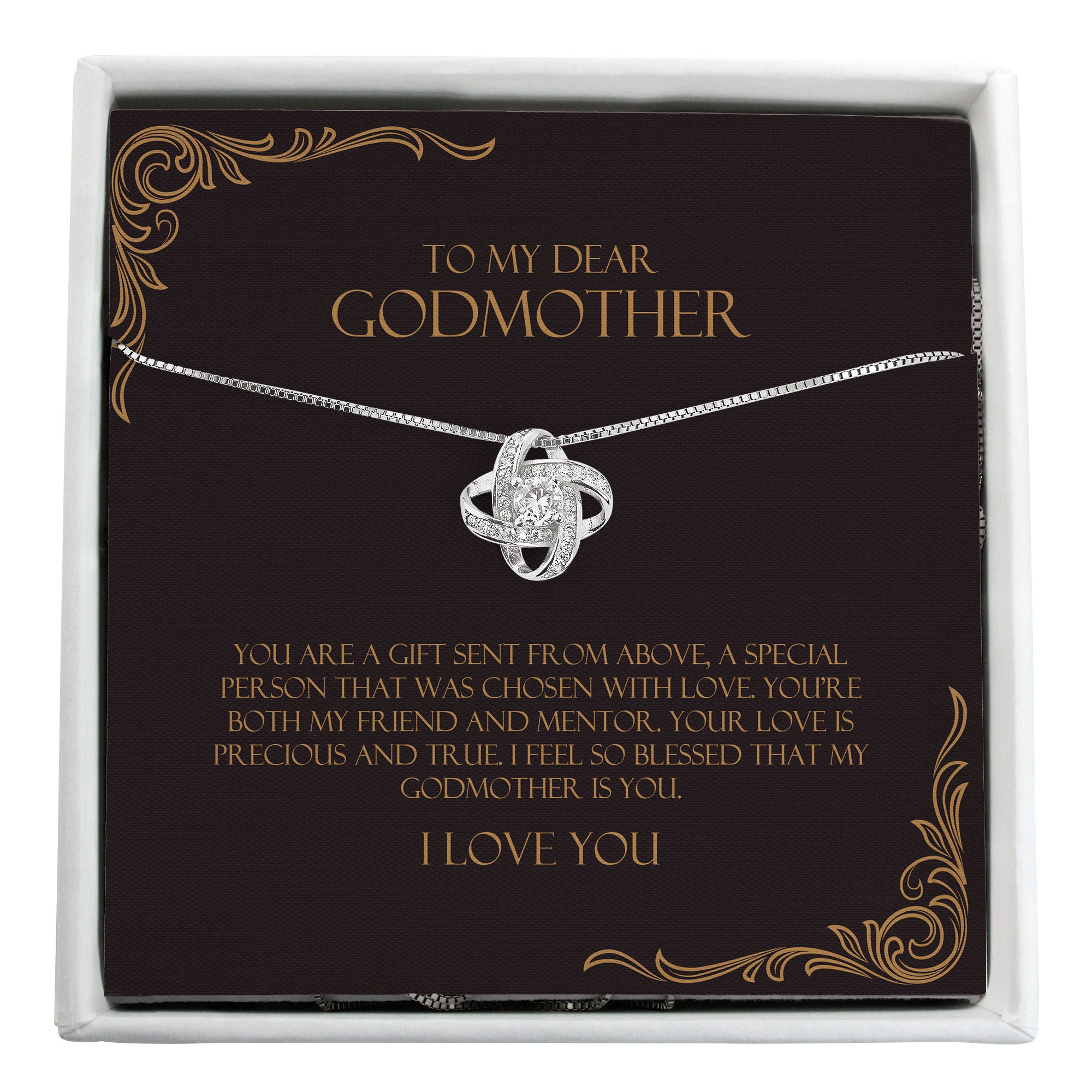 Elegant Personalized Godmother Necklace – Sterling Silver Interlocking Knot with Heartfelt Message Card for Special Occasions - Image 1