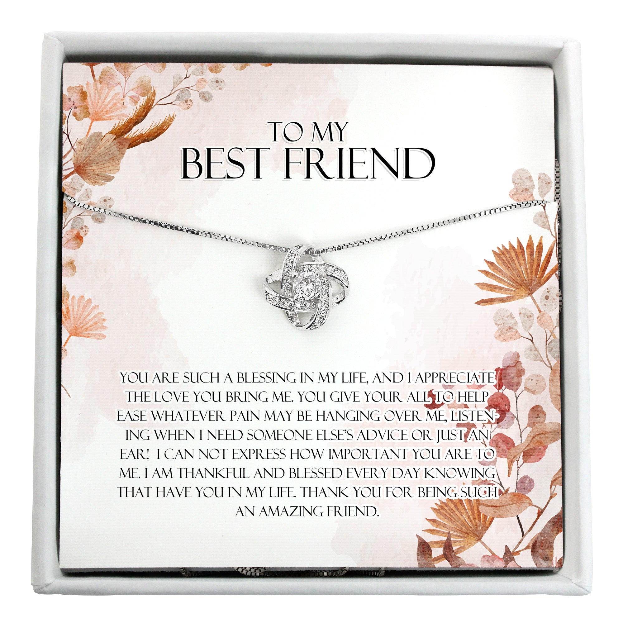 Elegant Silver Knot Necklace with Personalized Message Card - Perfect Gift for Your Best Friend - Image 1