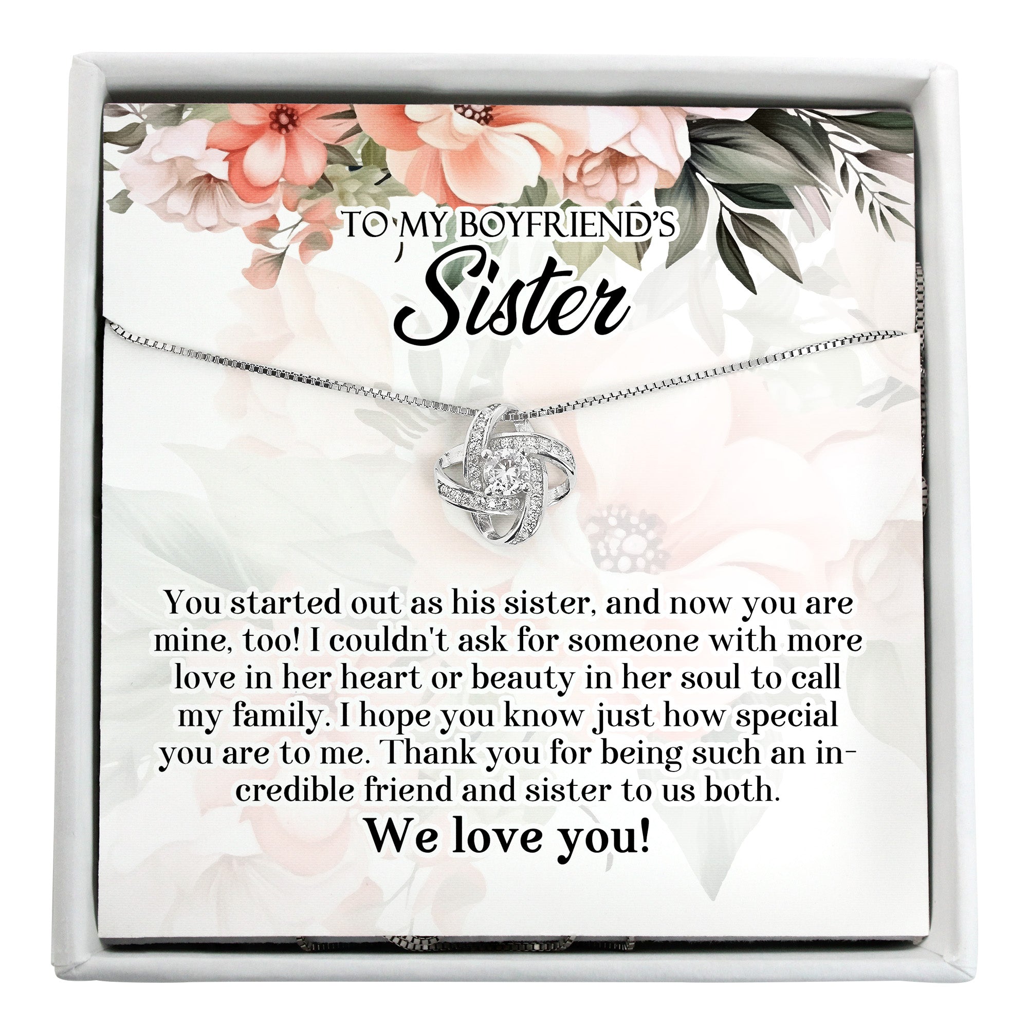 Personalized Message Card Necklace for Boyfriend's Sister - Handmade Infinity Knot Pendant with Floral Design for Special Occasions - Image 1