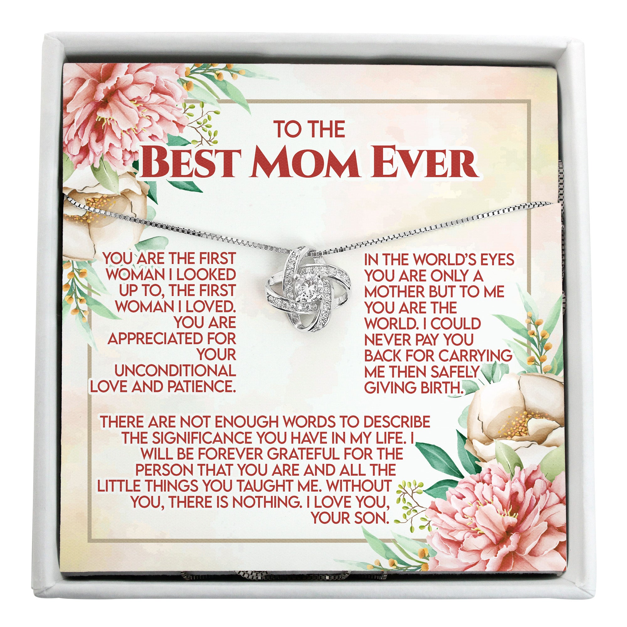 Personalized "Best Mom Ever" Message Card Necklace - Elegant Silver Knot Design with Heartfelt Note - Image 1
