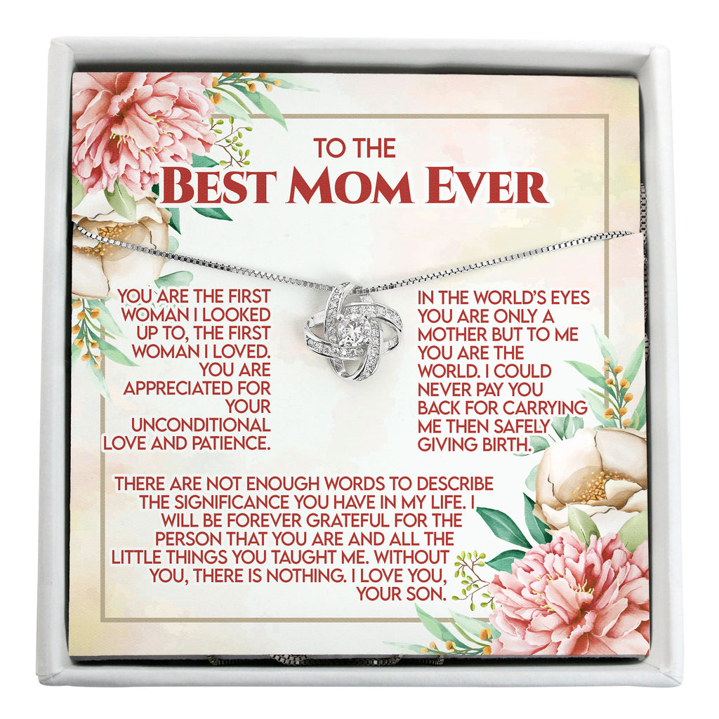 Personalized "Best Mom Ever" Message Card Necklace - Elegant Silver Knot Design with Heartfelt Note - Image 1