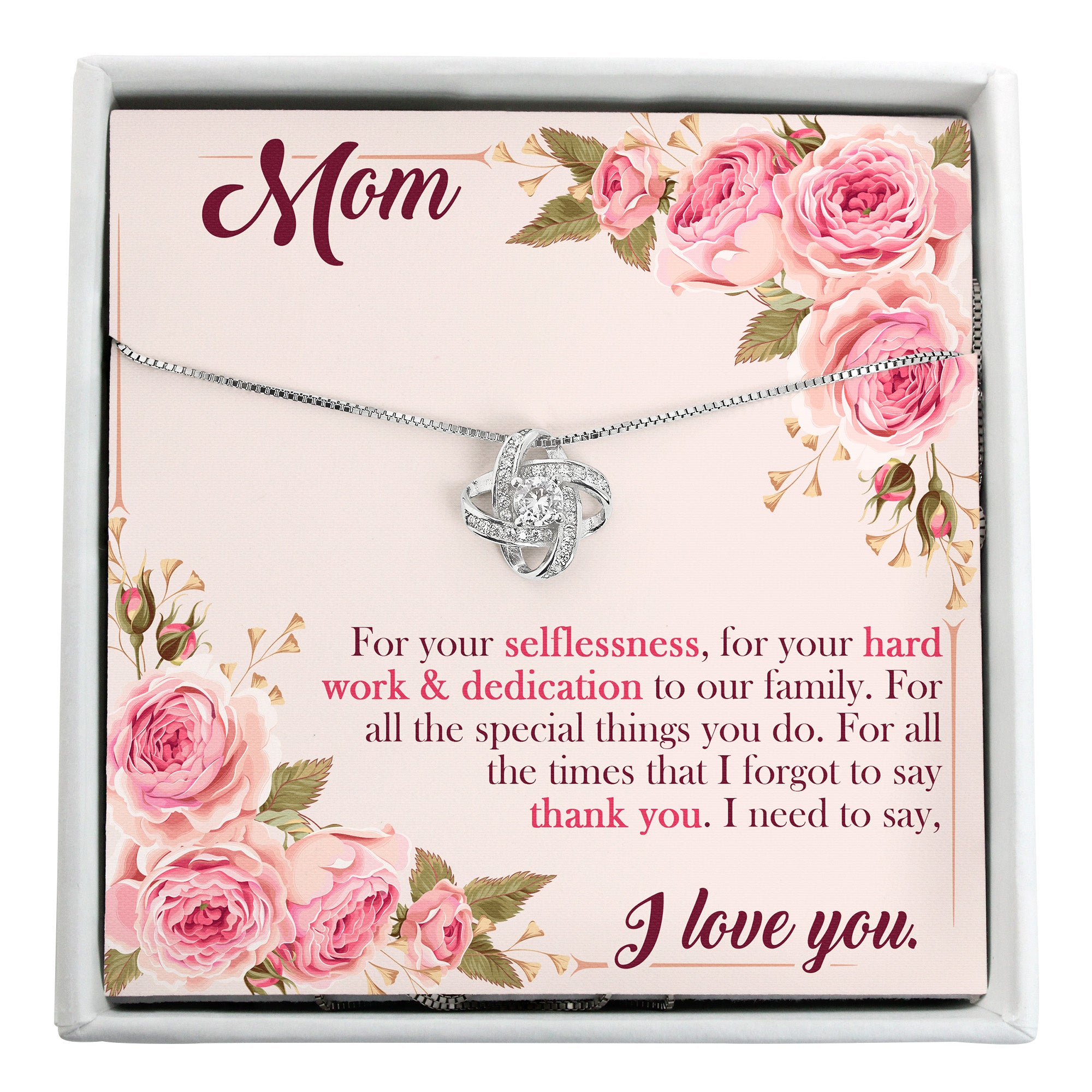 Personalized "I Love You, Mom" Necklace with Heartfelt Message Card and Silver Knot Pendant – Ideal Gift for Mother's Day, Birthdays & Special Occasions - Image 1