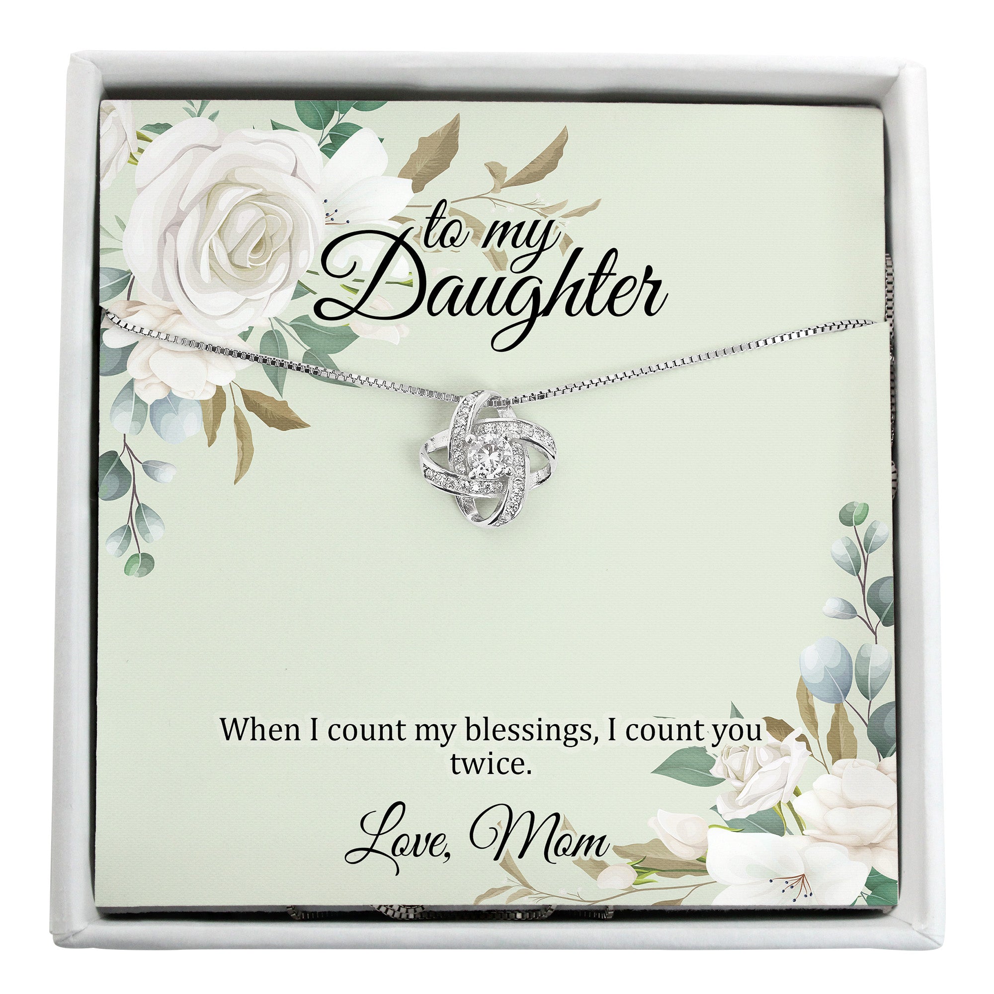 Personalized Daughter Necklace with Message Card – Elegant Silver Love Knot Design with Heartfelt Sentiment - Image 1