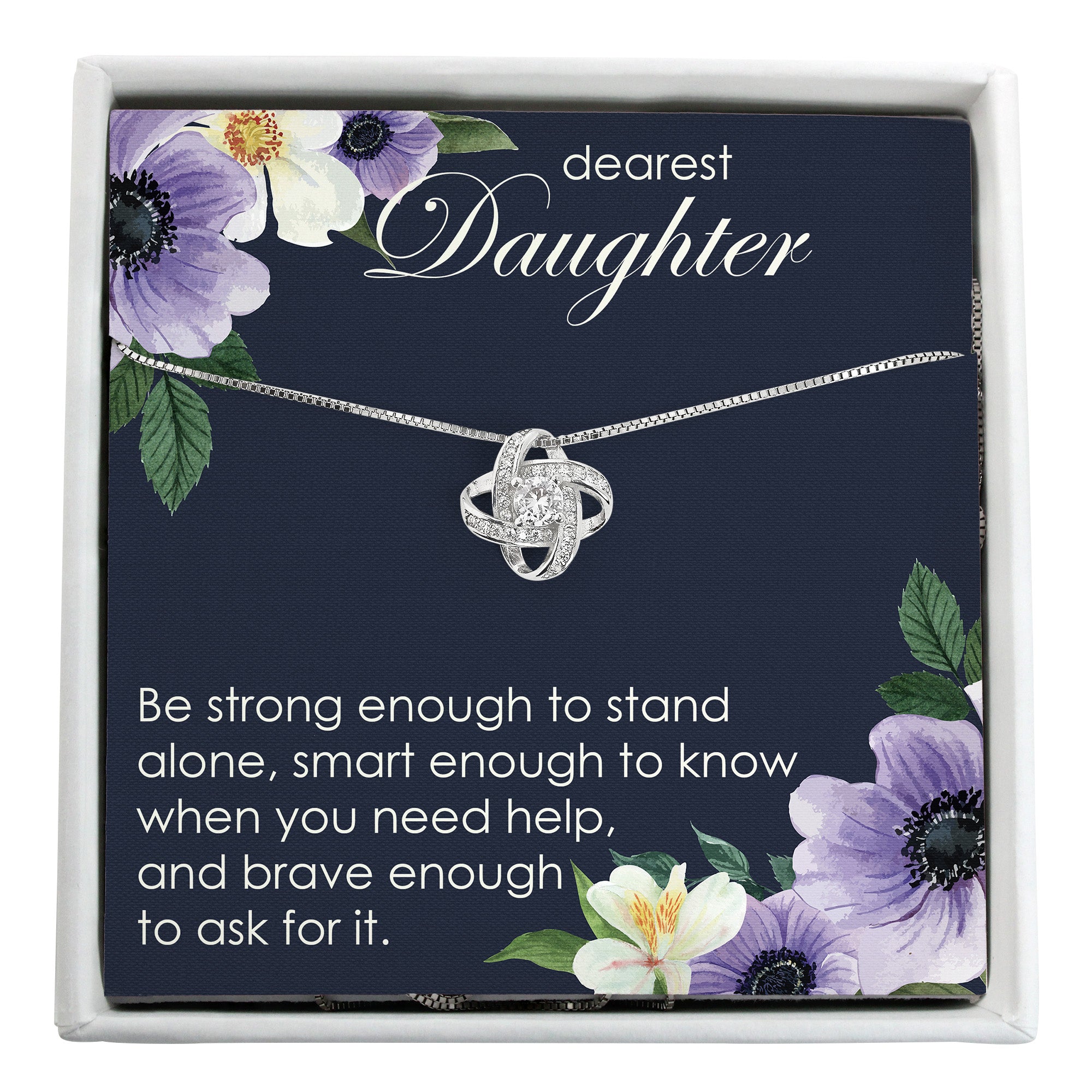 Personalized Daughter Message Card Necklace - Elegant Knot Design with Inspirational Quote and Floral Accents - Image 1
