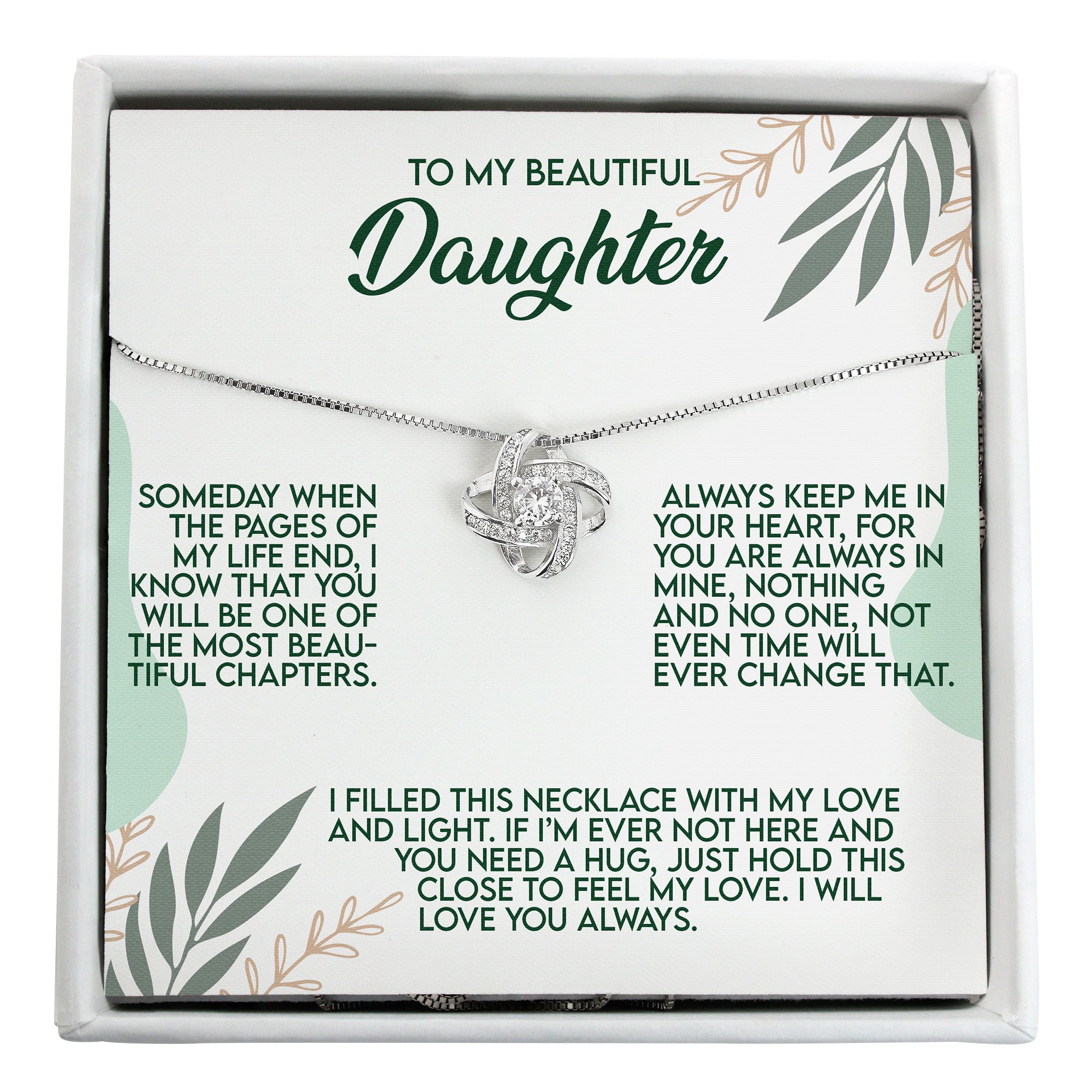 Personalized Message Card Necklace for Daughter - Handmade Silver Knot Pendant with Heartfelt Poem and Gift Box - Image 1