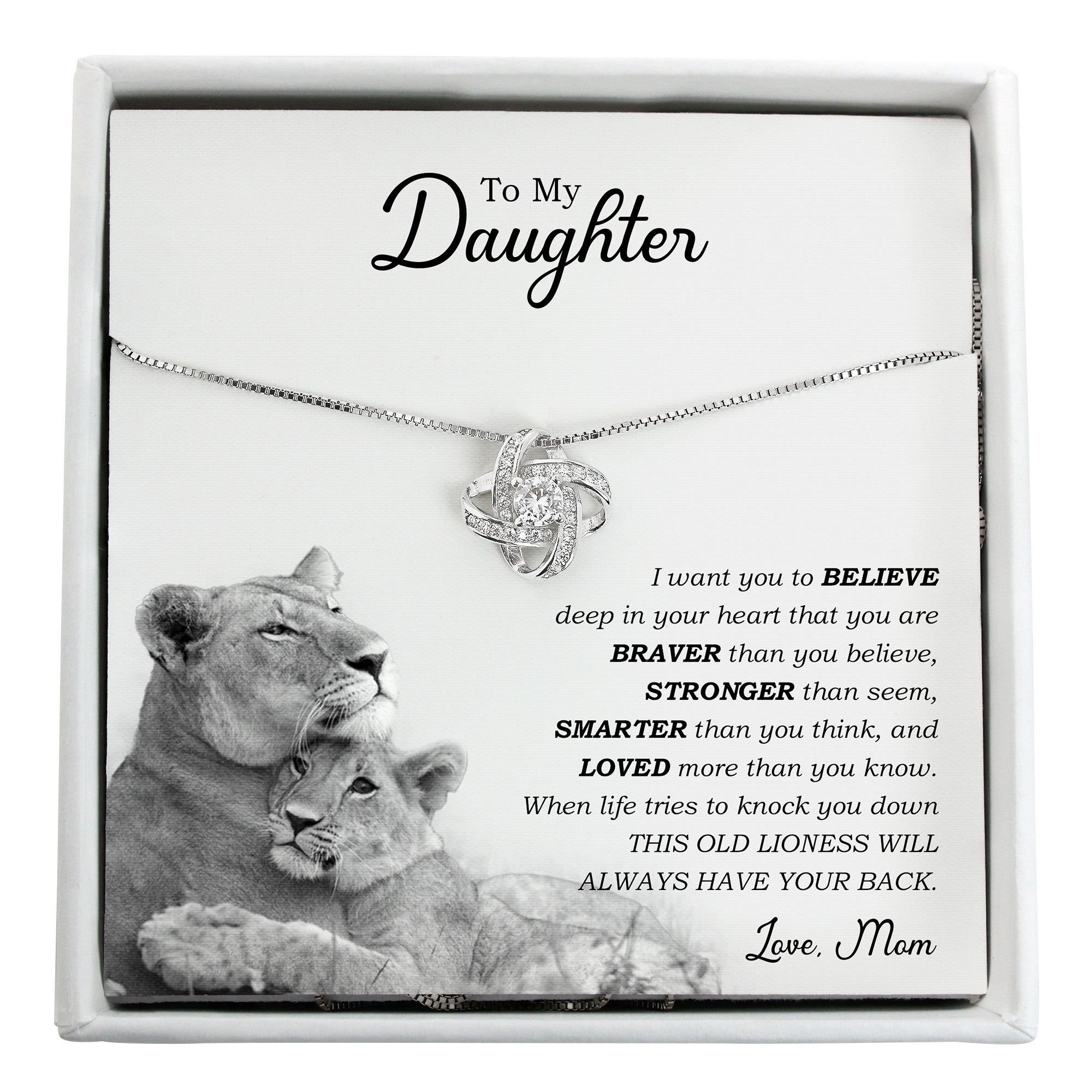 Personalized Daughter Necklace with Heartfelt Message Card | Sterling Silver Love Knot Pendant from Mom - Image 1