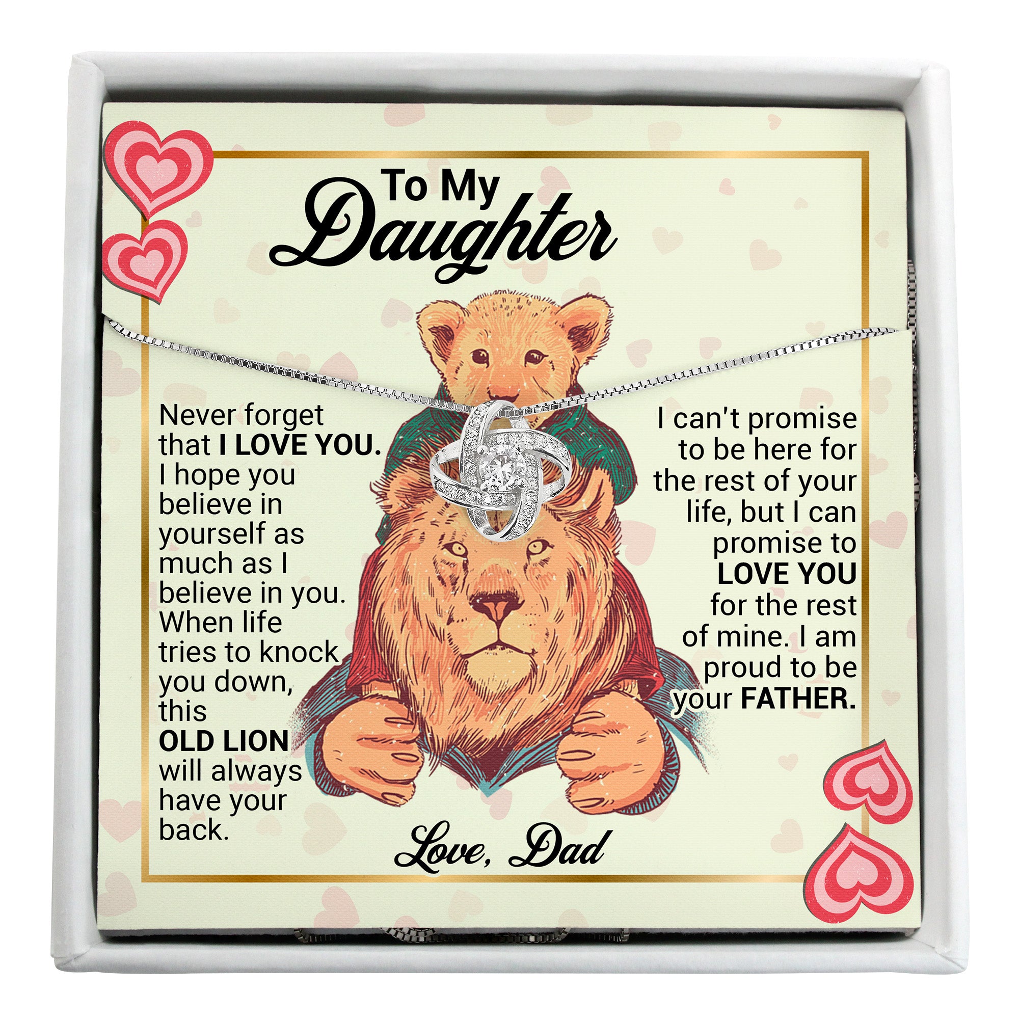 Handmade Personalized Message Card Necklace for Daughter - Sentimental Gift from Dad with Heartfelt Lions Design - Image 1