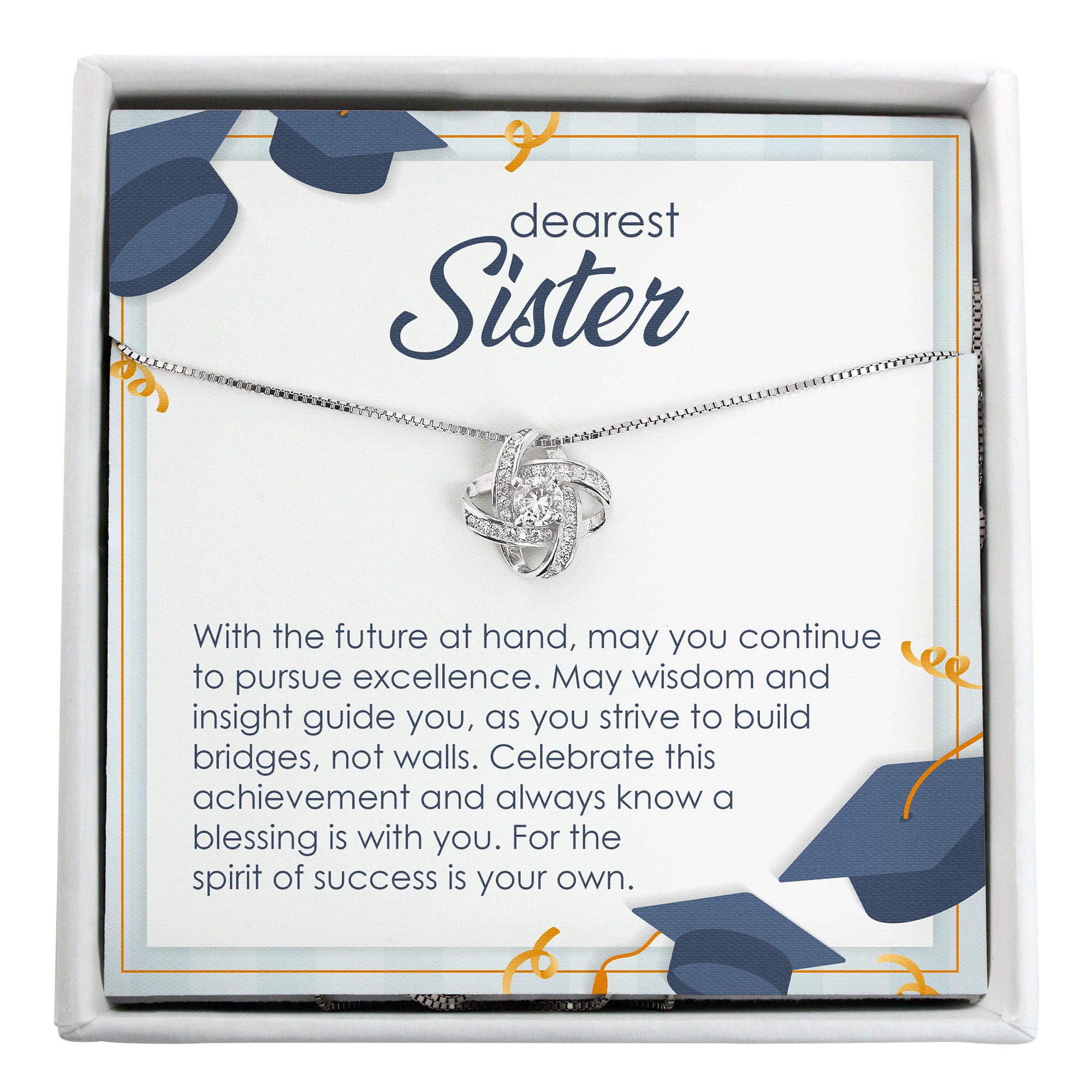Personalized "Dearest Sister" Message Card Necklace - Elegant Silver Infinity Knot Pendant for Graduation, Birthday, or Any Special Occasion - Image 1