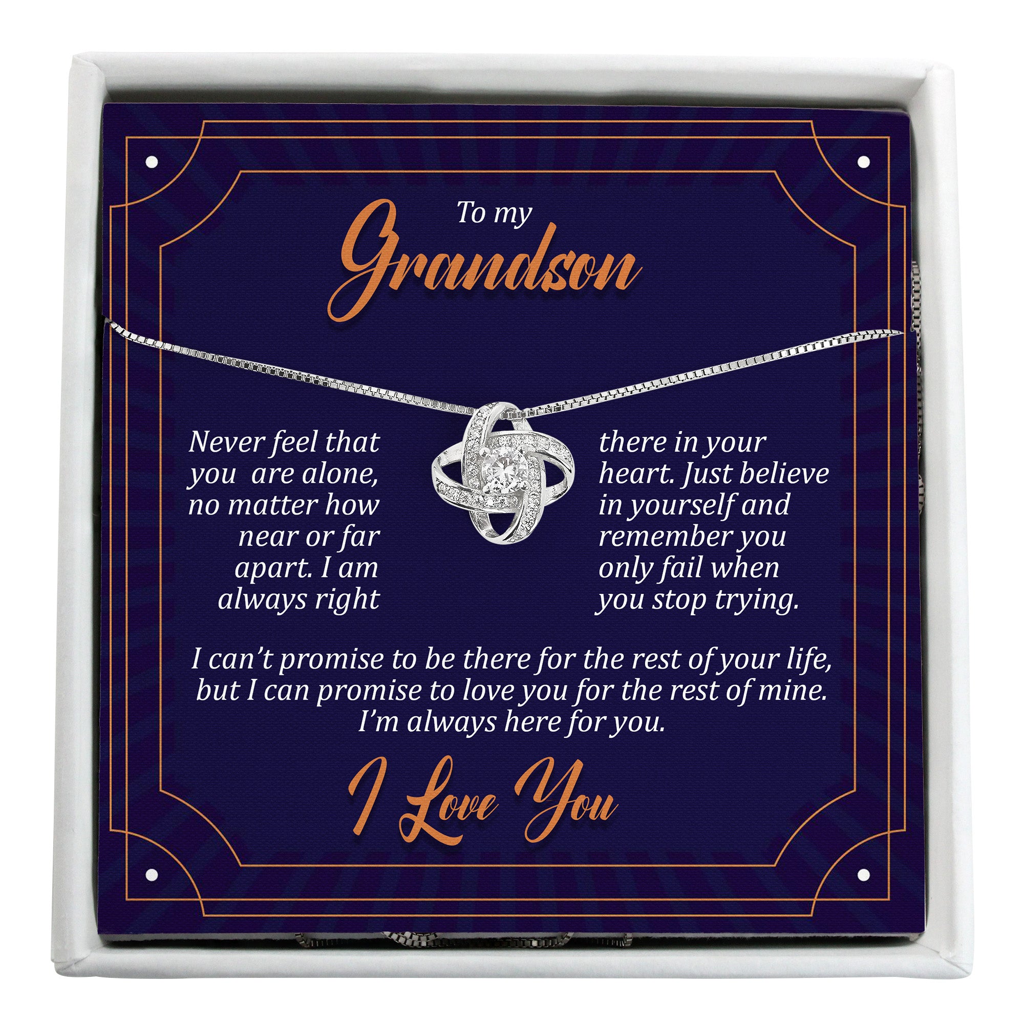 Personalized "To My Grandson" Message Card Necklace with Shimmering Knot Pendant – A Gift of Love and Encouragement - Image 1