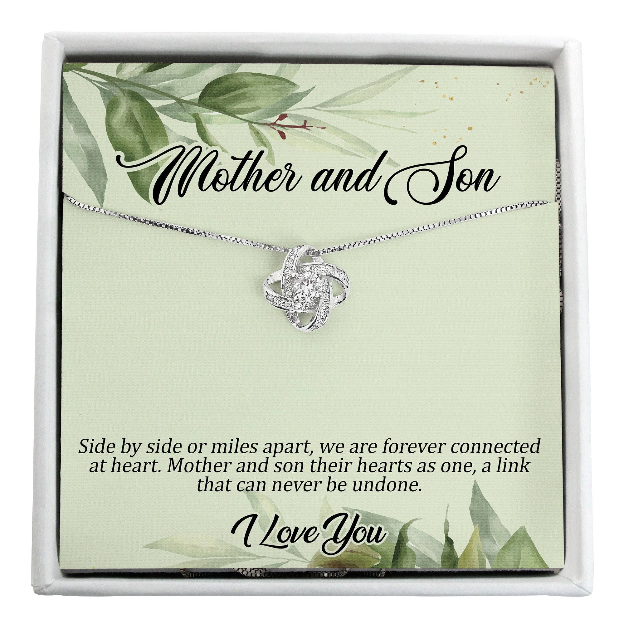 Elegant Mother and Son Intertwined Knot Necklace - Personalized Sterling Silver Gift with Heartfelt Message for Any Occasion - Image 1