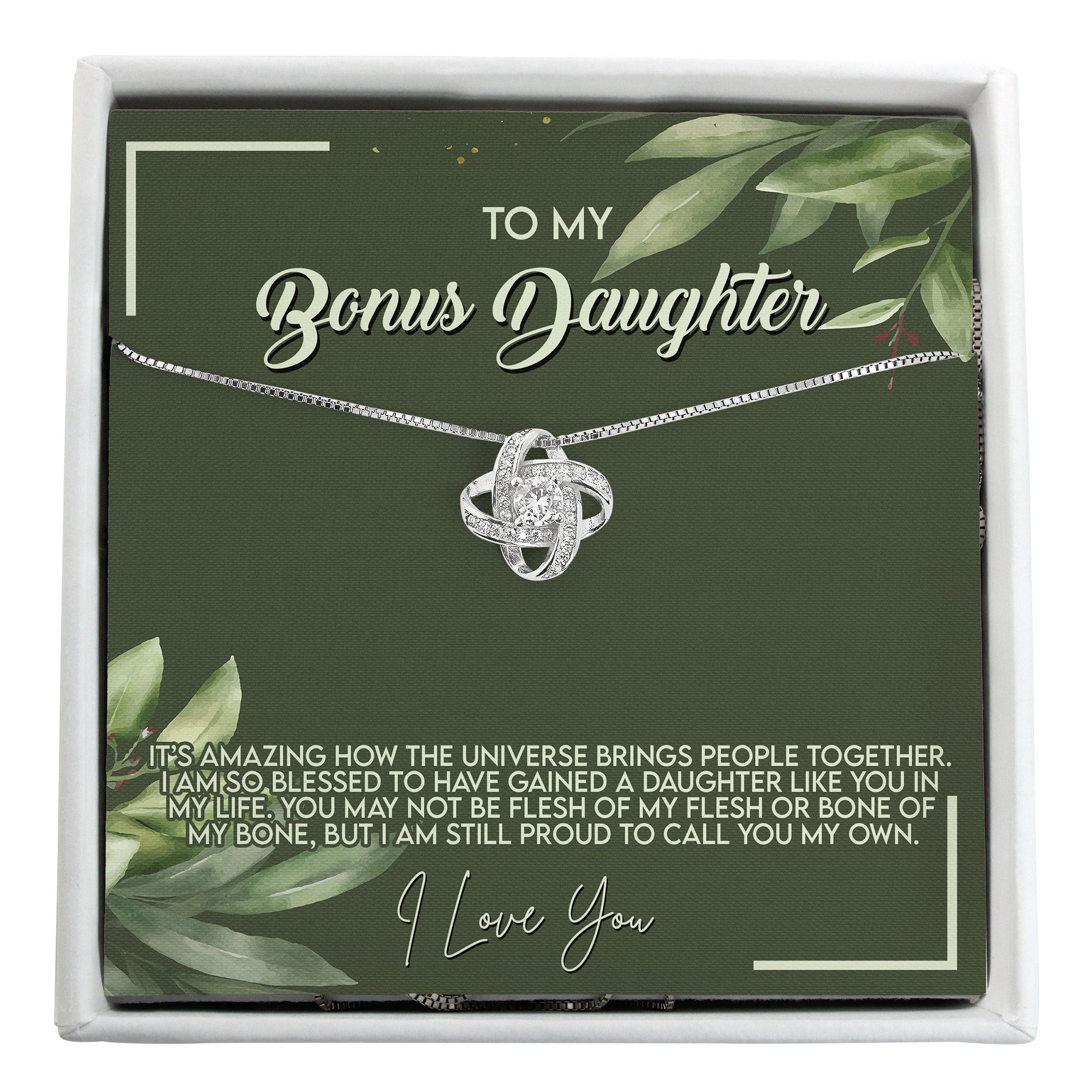 "Personalized Bonus Daughter Necklace with Heartfelt Message Card - Elegant Knot Pendant Gift in Premium Silver Finish" - Image 1