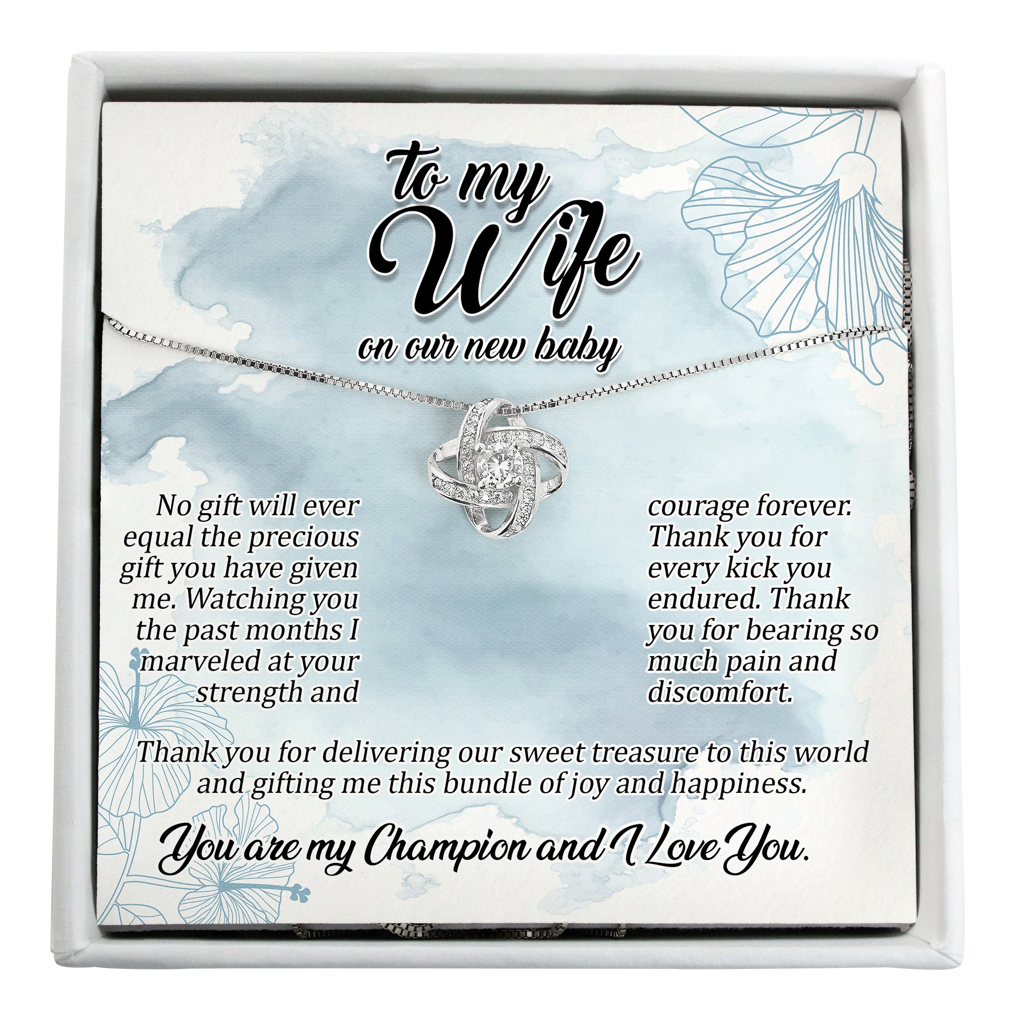 Personalized Message Card Necklace for Wife - Celebrate New Baby Arrival with Elegant Knot Pendant and Customizable Note - Image 1