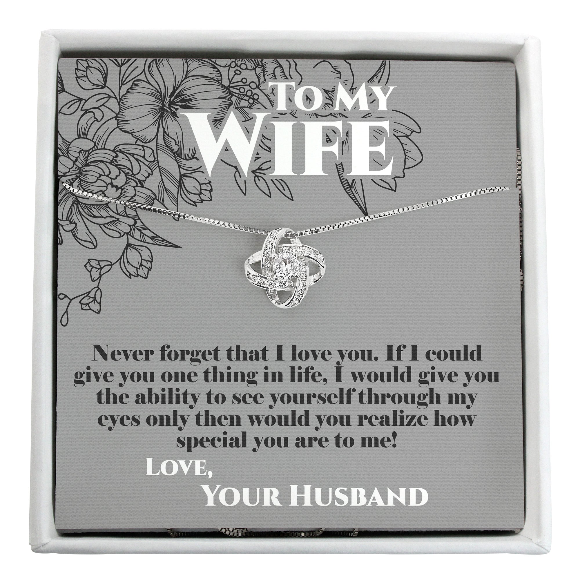 Personalized Message Card Necklace for Wife - Handmade Silver Knot Pendant with Sentimental Quote - Image 1