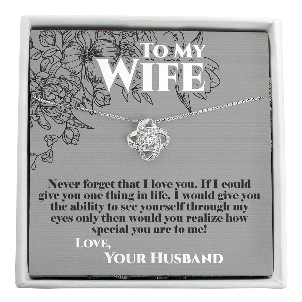 Personalized Message Card Necklace for Wife - Handmade Silver Knot Pendant with Sentimental Quote - Image 1