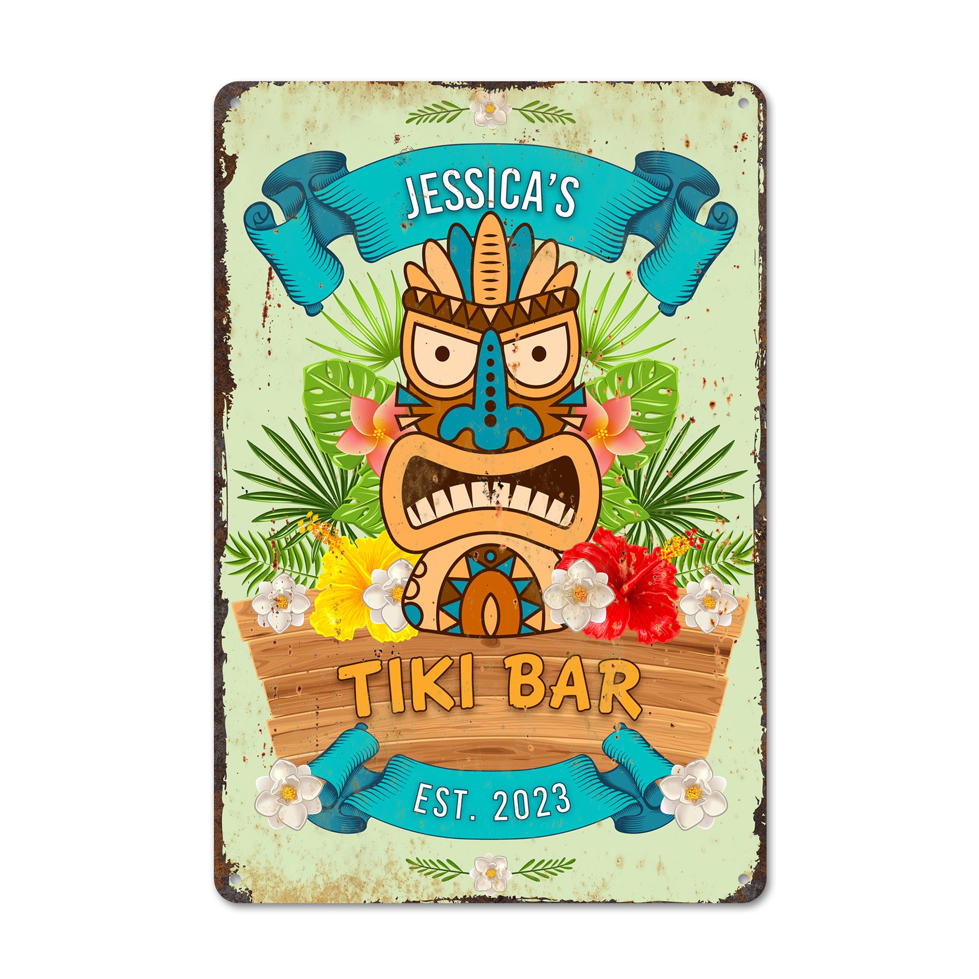 Customizable Vintage Tiki Bar Metal Sign - Personalized Tropical Decor for Home Bars & Gift Giving - Est. 2023 - Image 1