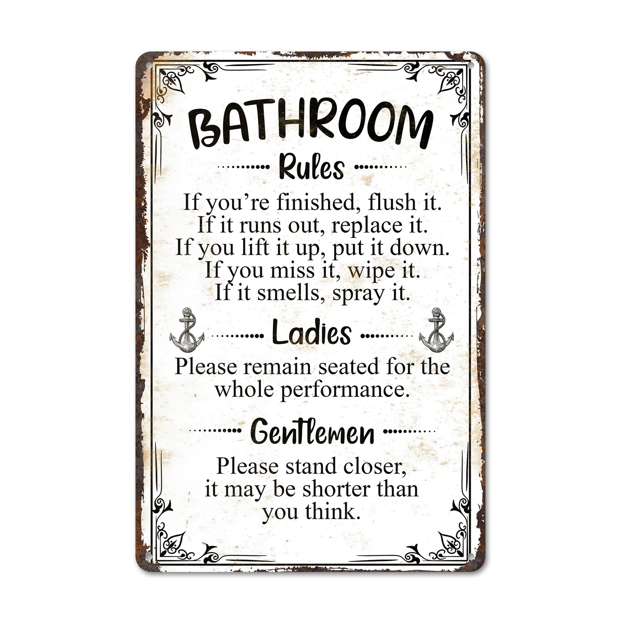 Personalized Rustic Bathroom Rules Metal Sign - Customizable Vintage Decor for Unique Home and Gift Ideas - Image 1