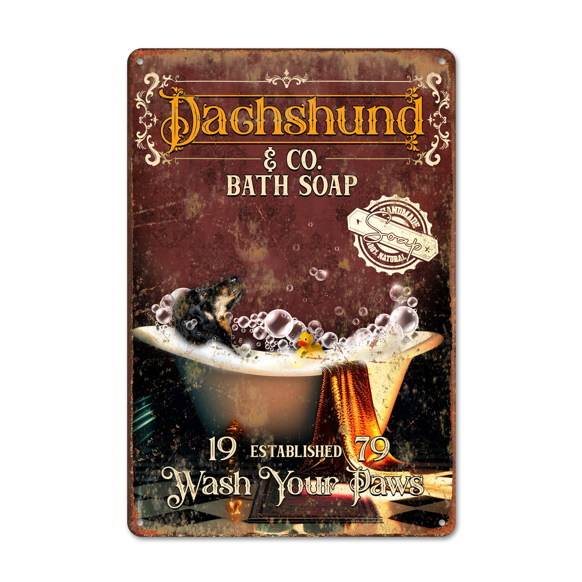 Personalized Dachshund & Co. Vintage Metal Sign - Handmade Bath Soap Décor for Dog Lovers - Image 1