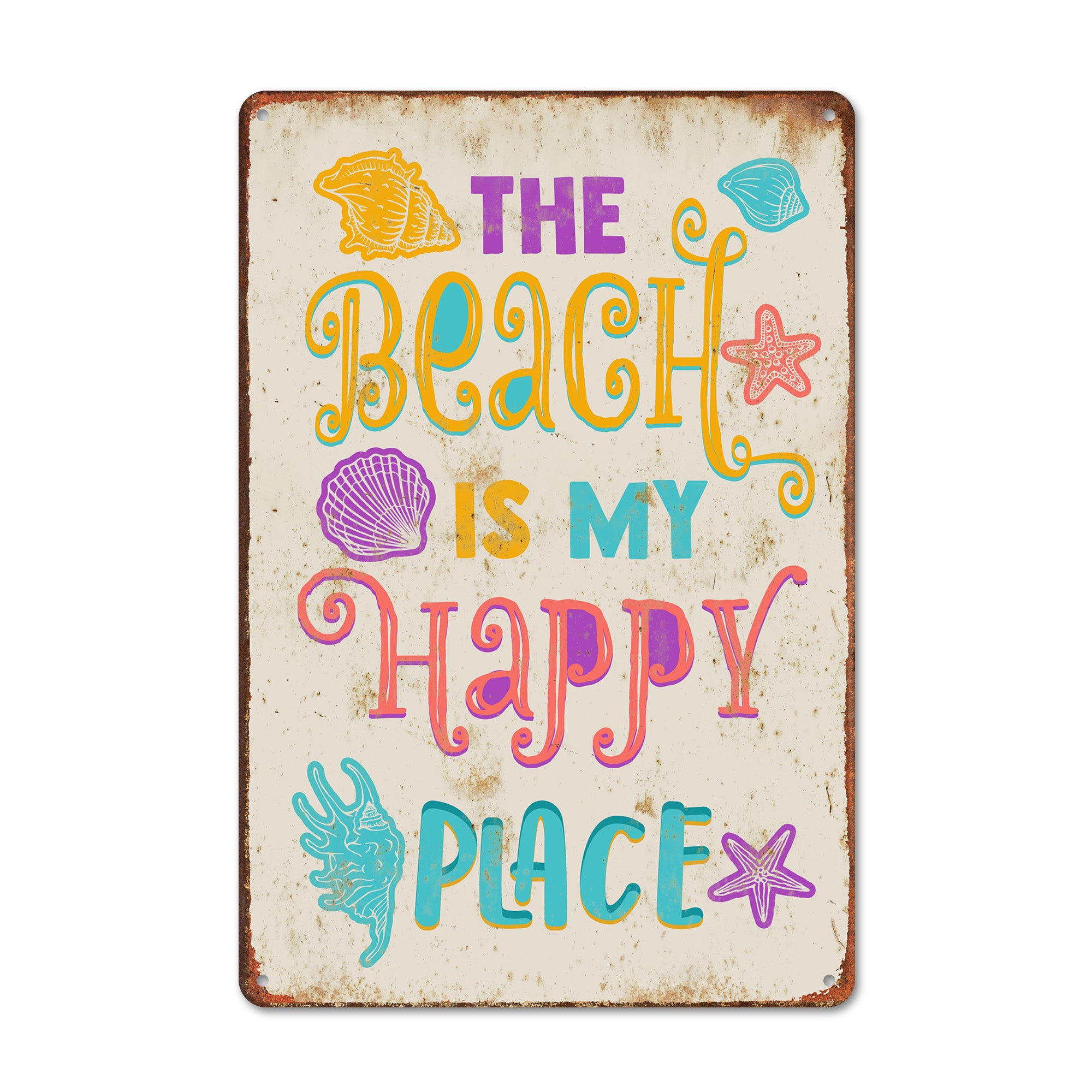 Personalized "The Beach Is My Happy Place" Vibrant Metal Sign - Customizable Rustic Beach Decor for Home, Gift for Beach Lovers - Image 1