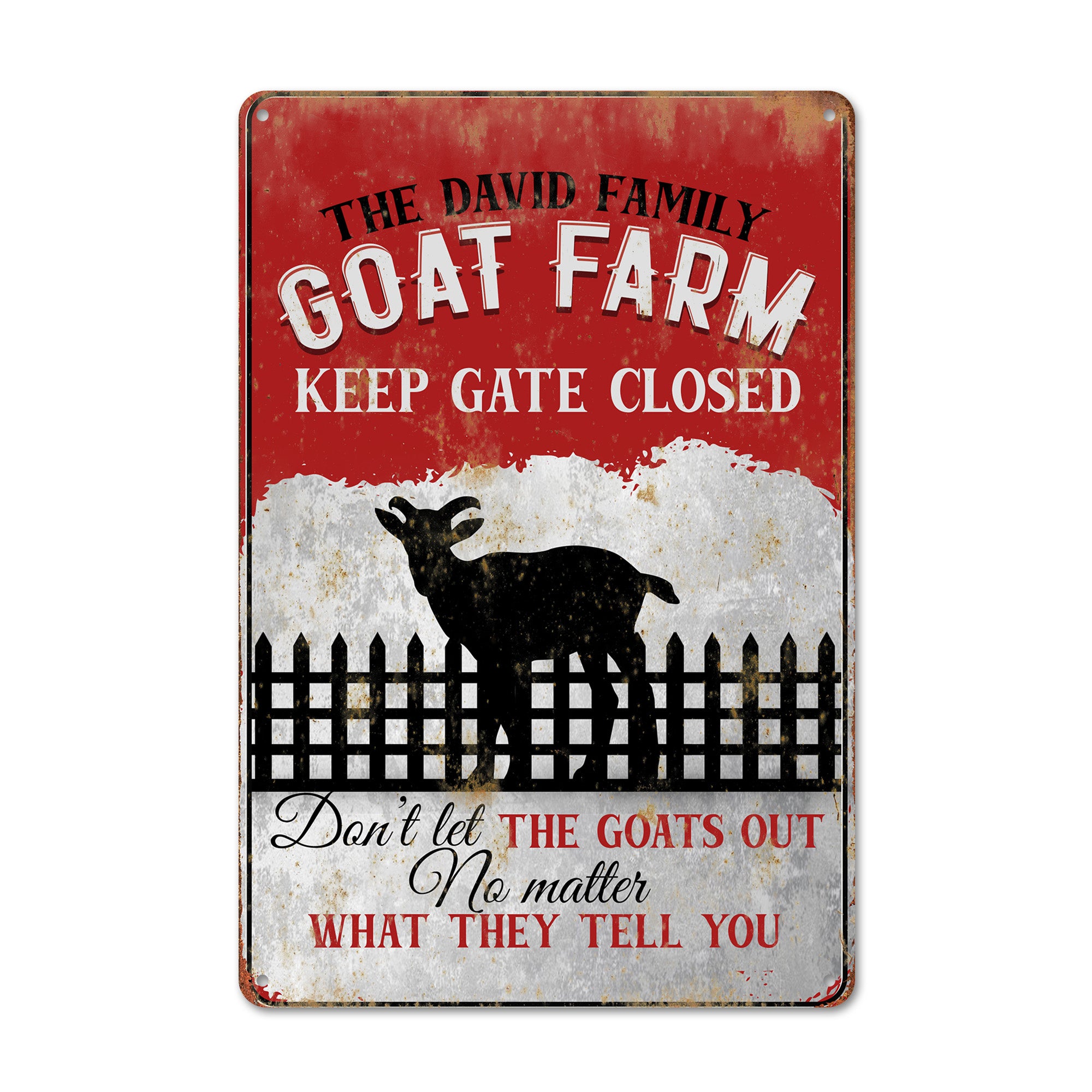 Personalized Rustic Metal Goat Farm Sign - Custom Family Name with Humorous Keep Gate Closed Reminder - Image 1