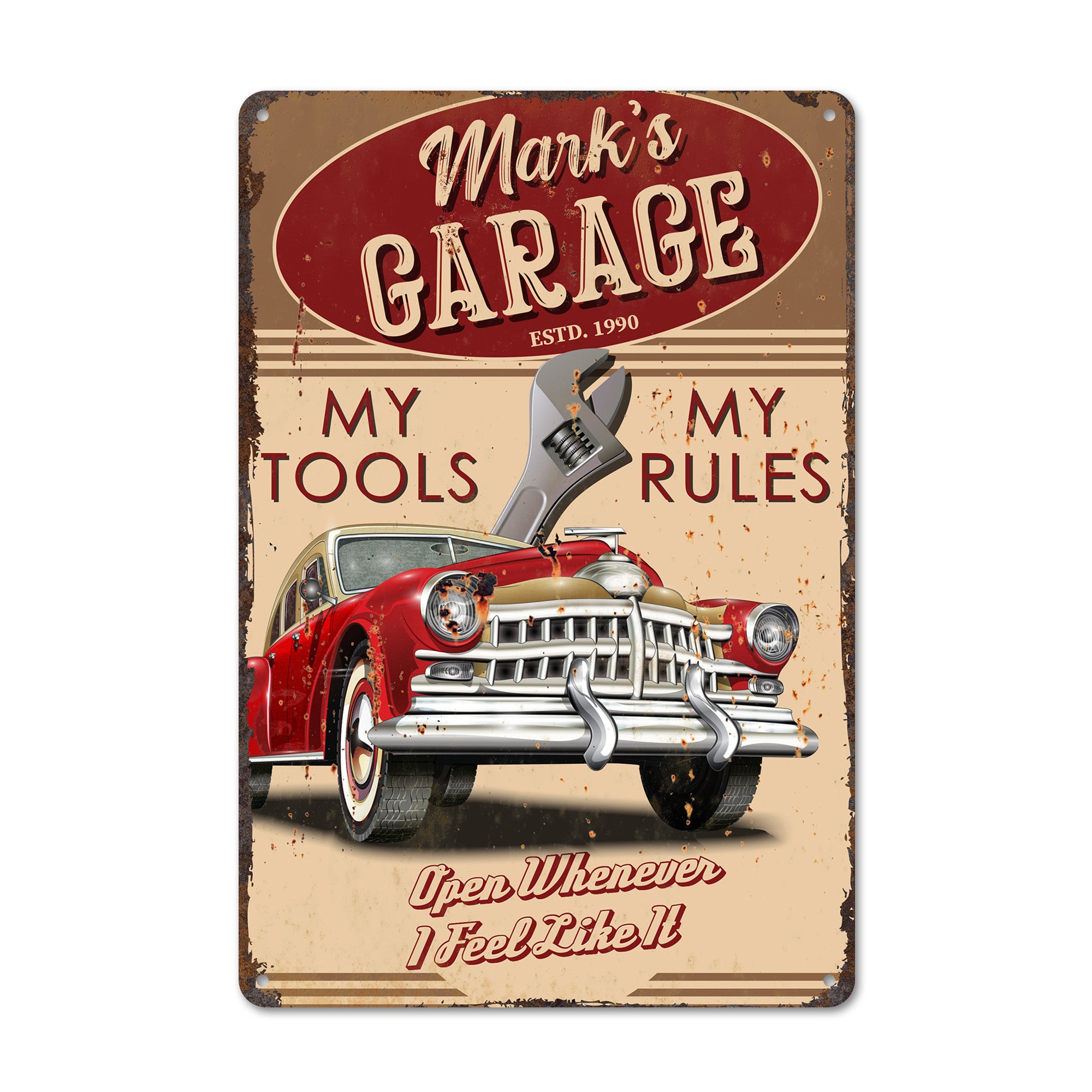 Personalized Vintage Metal Garage Sign - Rustic Red Car Design for Car Enthusiasts & Gift Lovers - Image 1