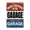Personalized Vintage Style Metal Sign for Garages - "What Happens in the Garage Stays in the Garage" - Durable and Customizable Gift for Car Enthusiasts - Image 1