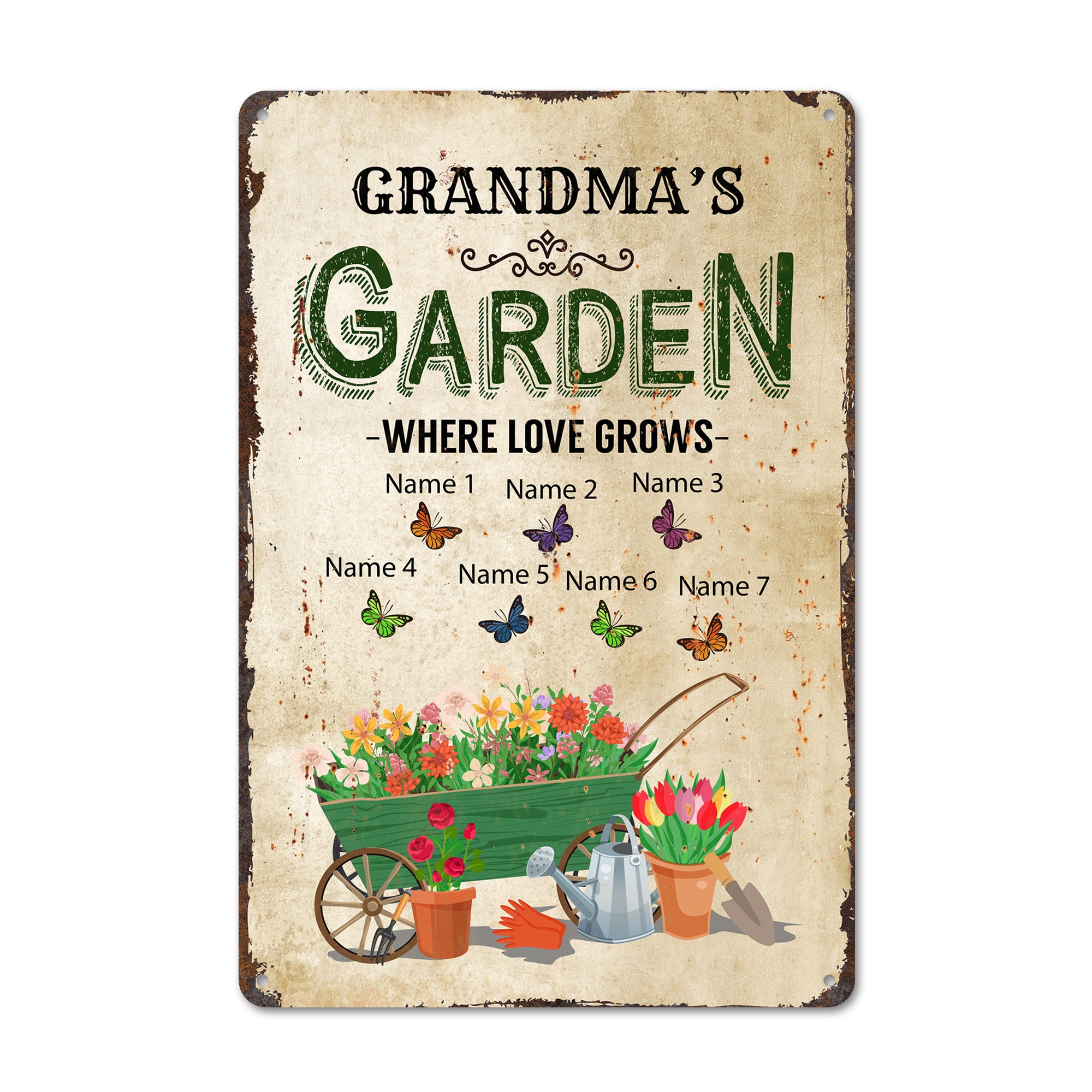 Personalized "Grandma's Garden" Metal Sign – Where Love Grows, Custom Butterfly Design for Grandchildren's Names, Perfect Handmade Gift - Image 1